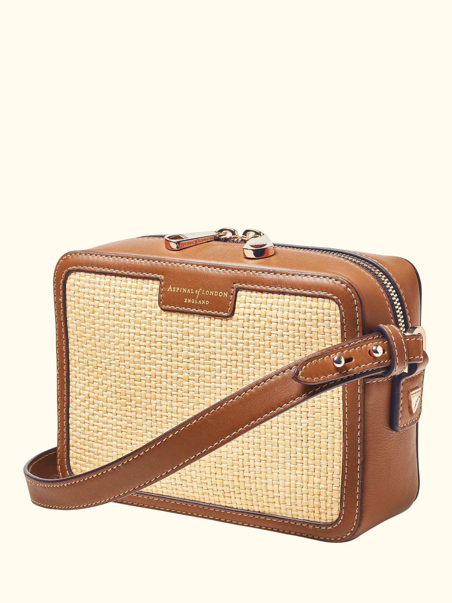 Leather Trim Raffia Camera Bag, Natural/Tan
