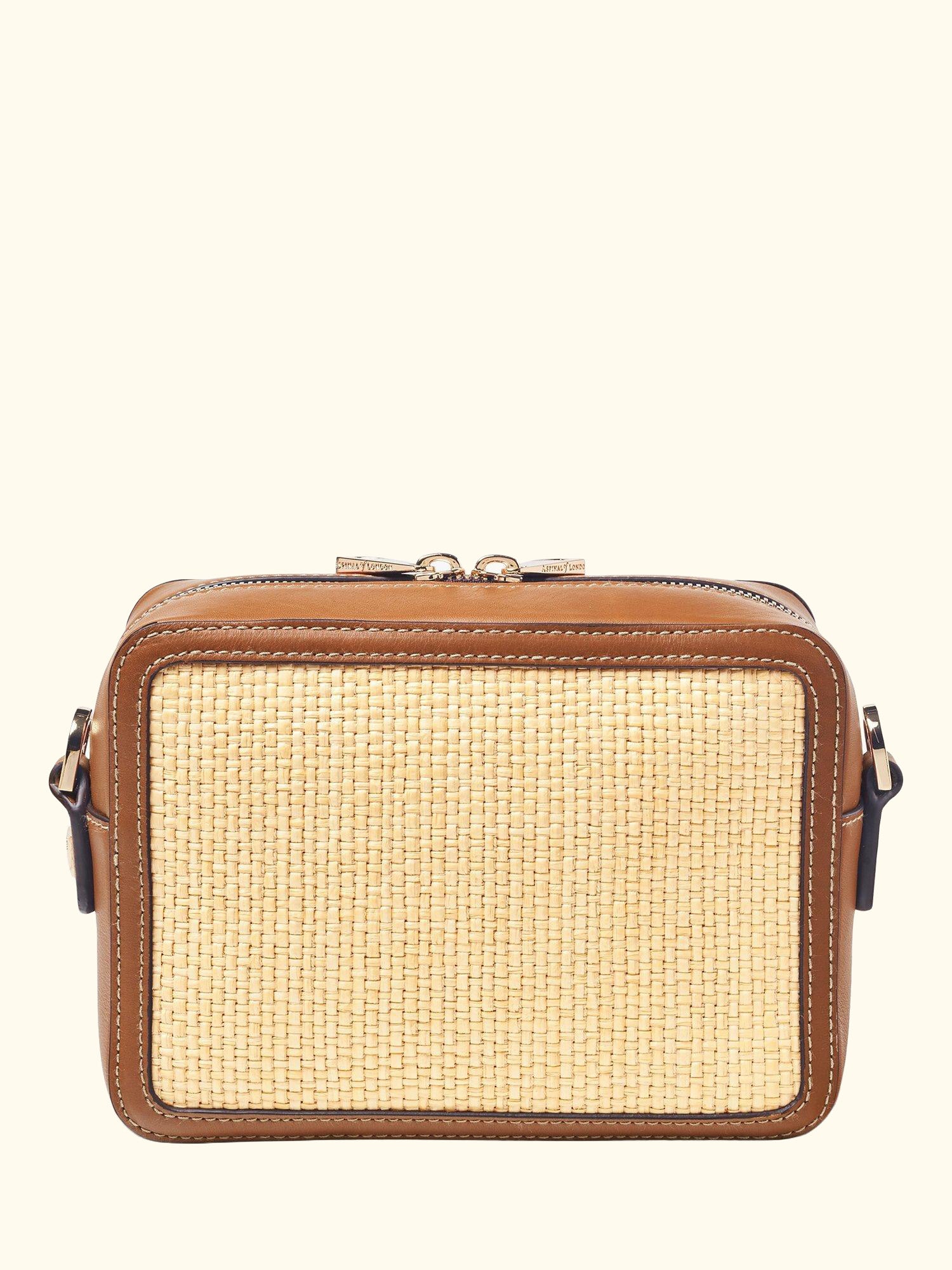 Leather Trim Raffia Camera Bag, Natural/Tan