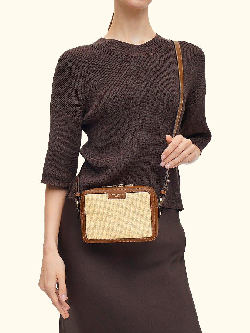 Leather Trim Raffia Camera Bag, Natural/Tan