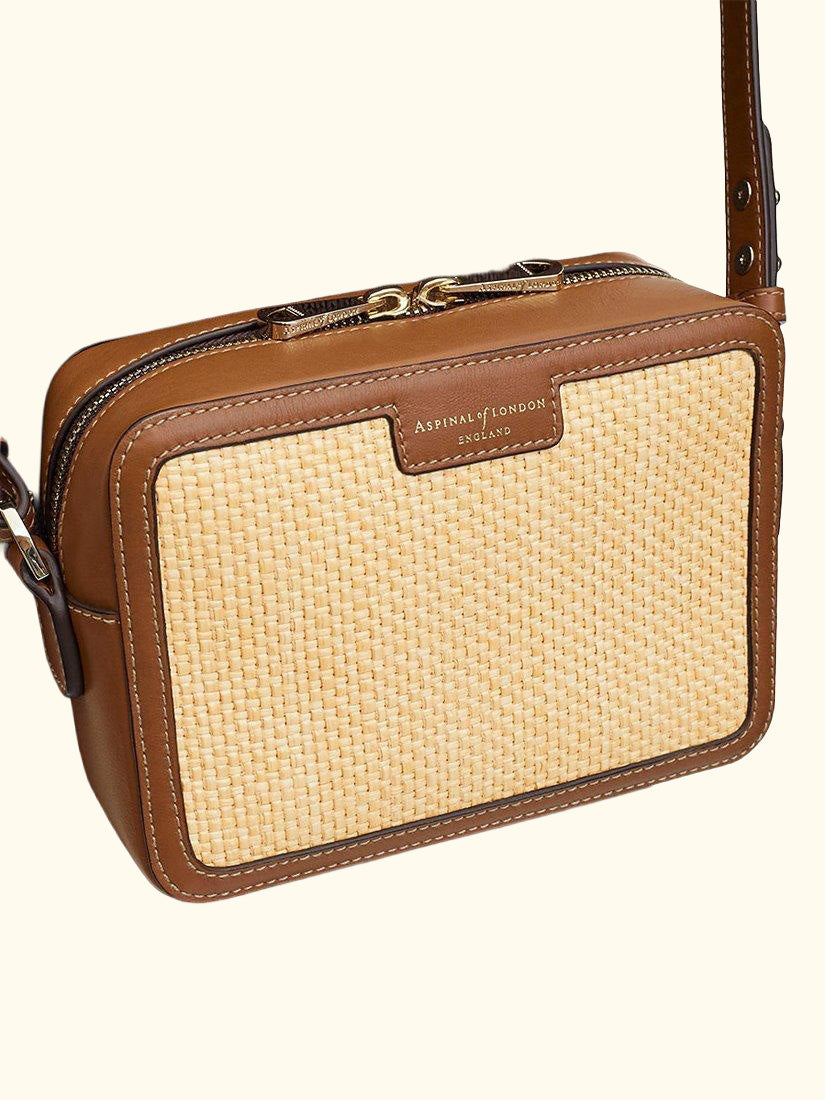 Leather Trim Raffia Camera Bag, Natural/Tan