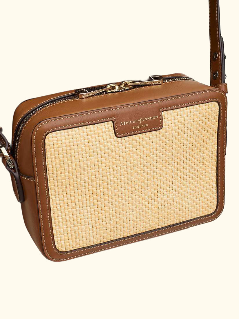 Leather Trim Raffia Camera Bag, Natural/Tan