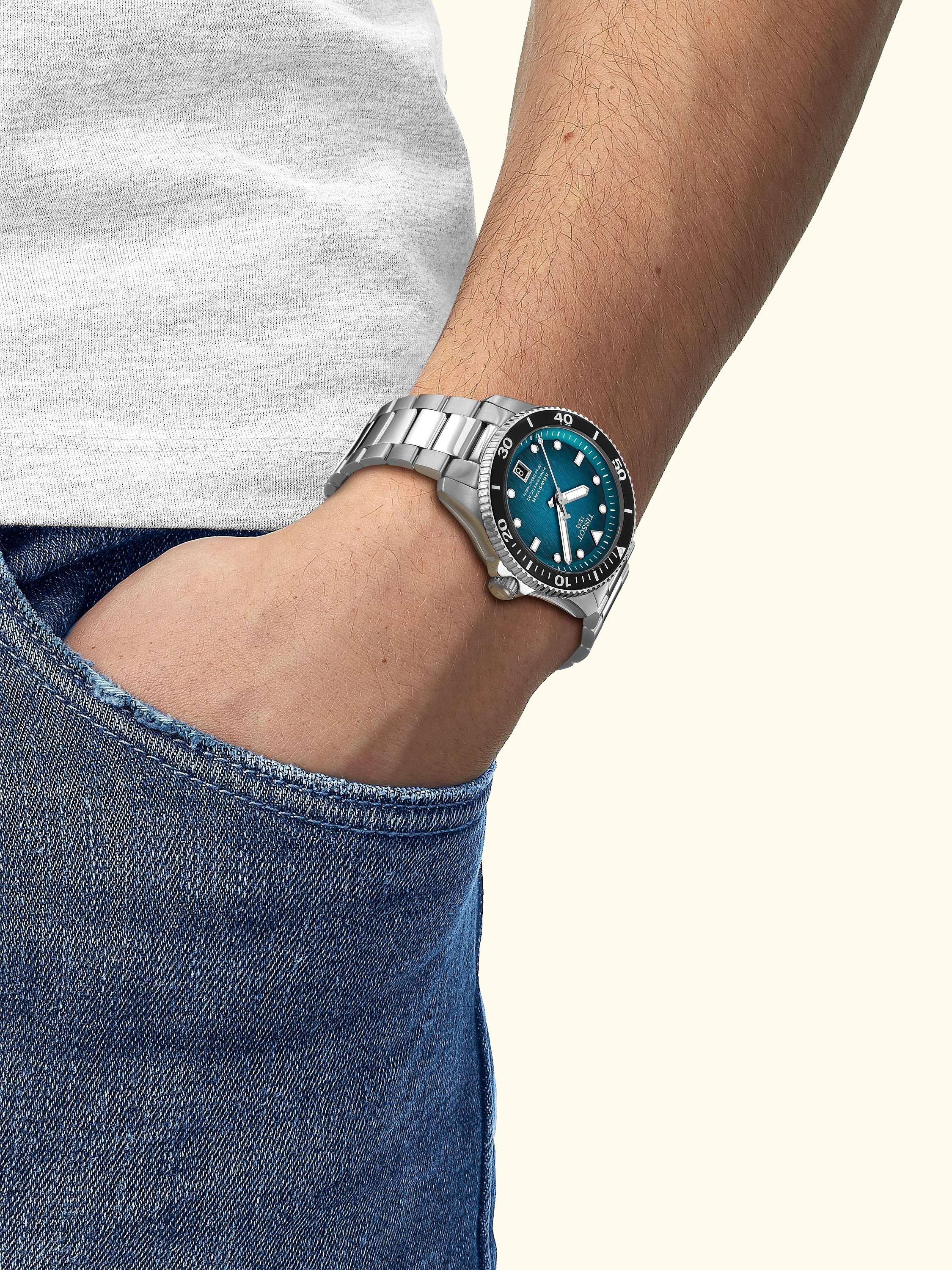T1208071109100 Seastar Men's Powermatic 80 Bracelet Strap Watch, Silver/Graded Turquoise