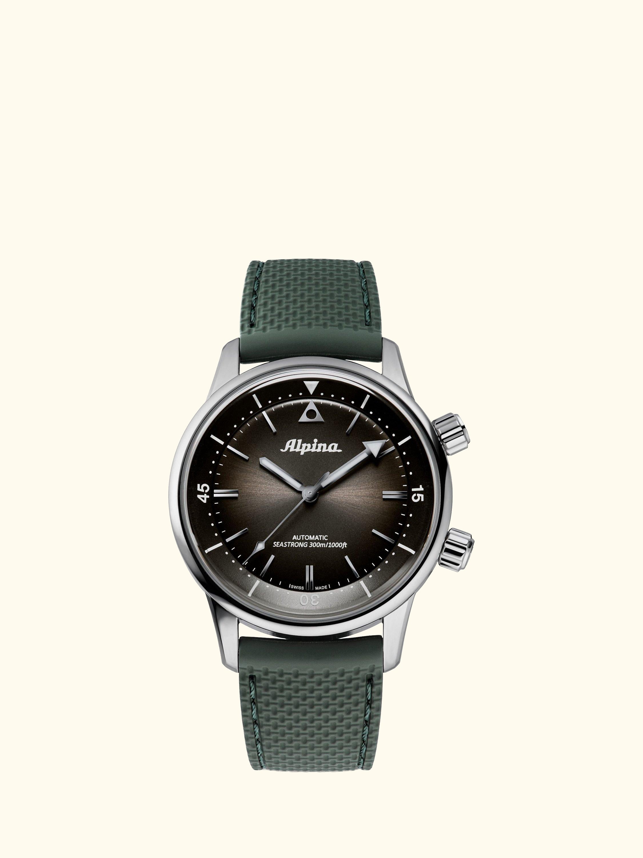AL-520GR4H6 Men's Seastrong Diver 300 Heritage Leather Strap Watch, Green/Black