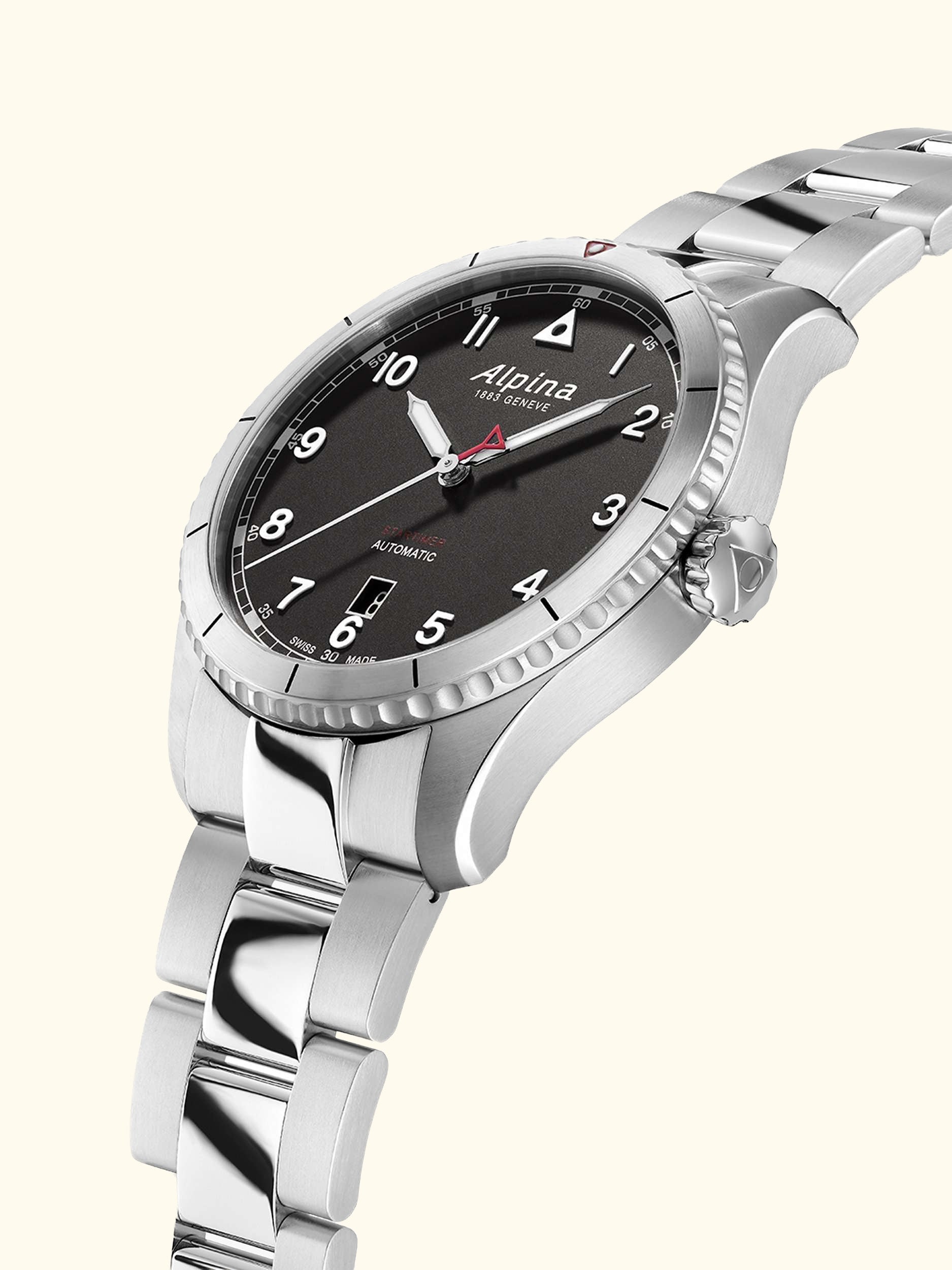 AL-525BW4S26B Men's Startimer Pilot Automatic Date Bracelet Strap Watch, Silver/Black