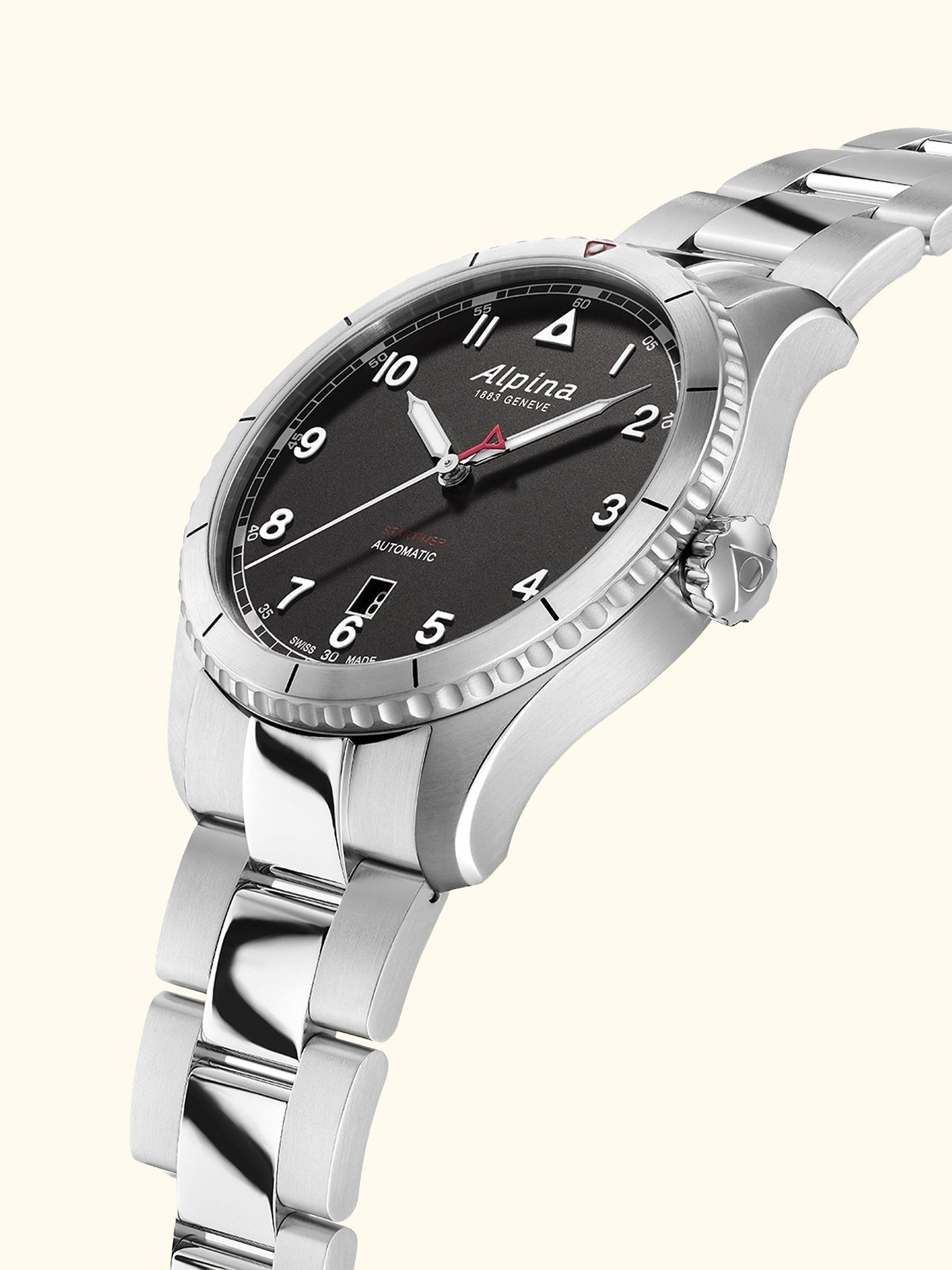 AL-525BW4S26B Men's Startimer Pilot Automatic Date Bracelet Strap Watch, Silver/Black