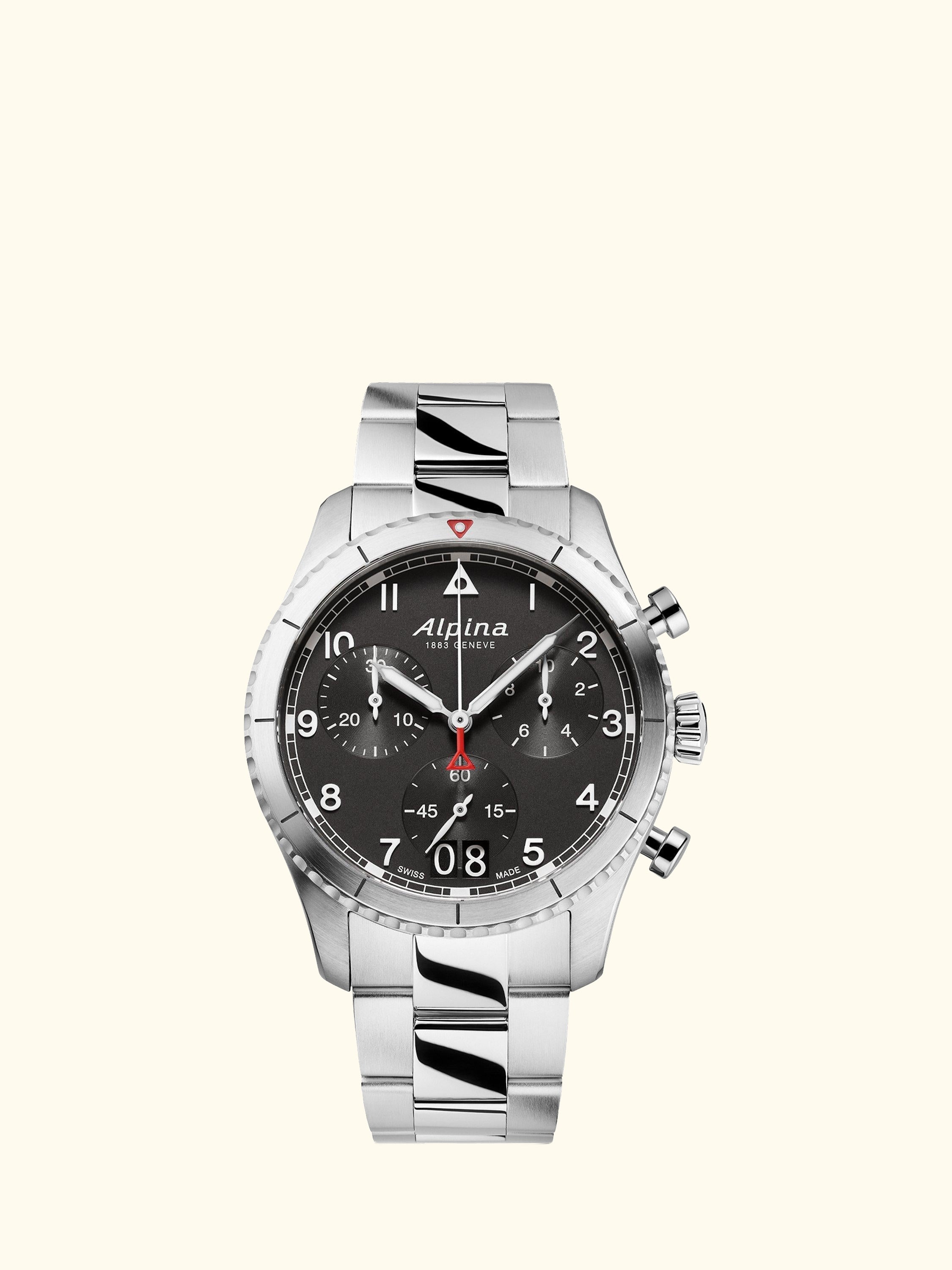 AL-372BW4S26B Men's Startimer Pilot Date Chronograph Bracelet Strap Watch, Silver/Black