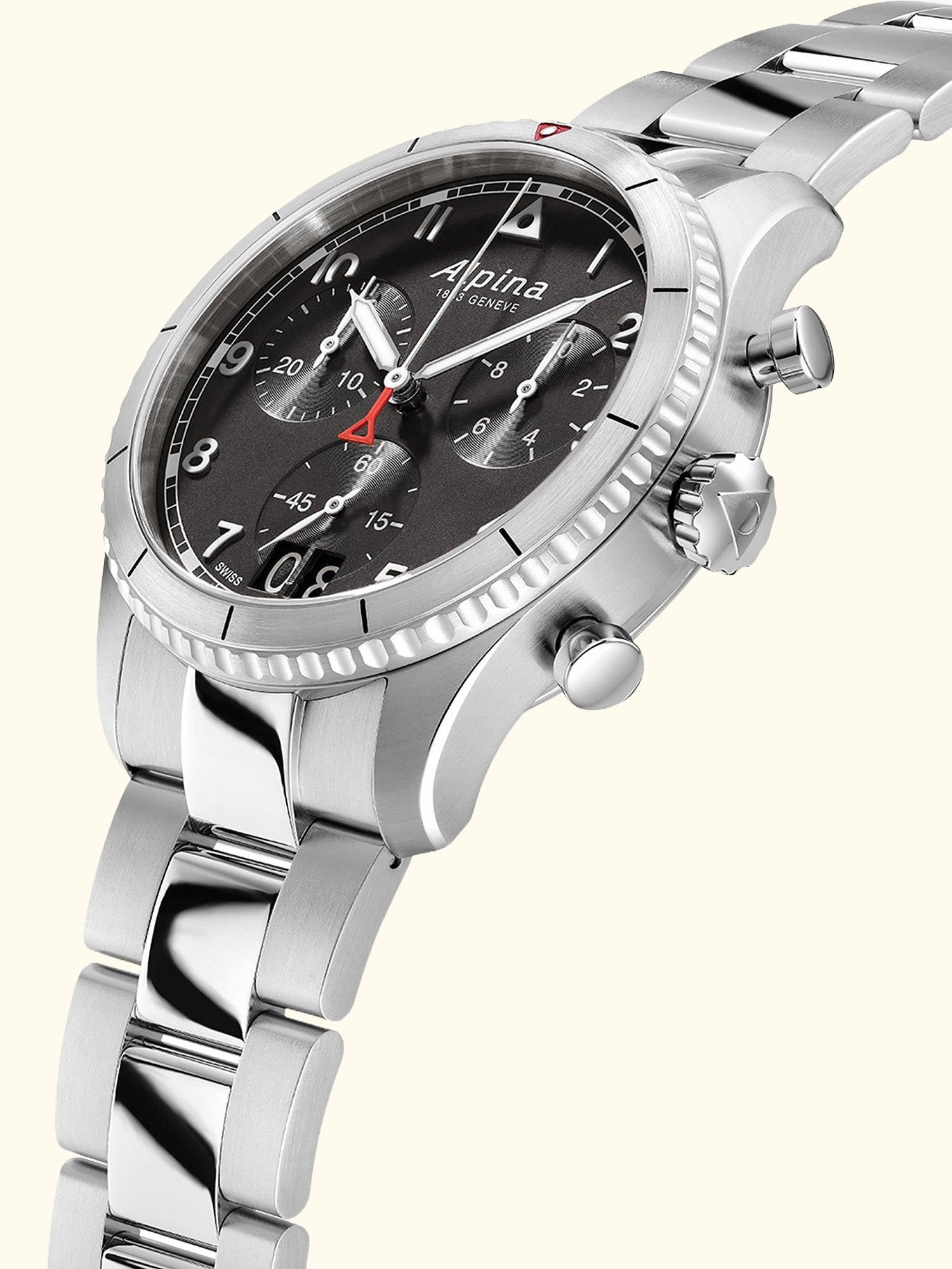 AL-372BW4S26B Men's Startimer Pilot Date Chronograph Bracelet Strap Watch, Silver/Black