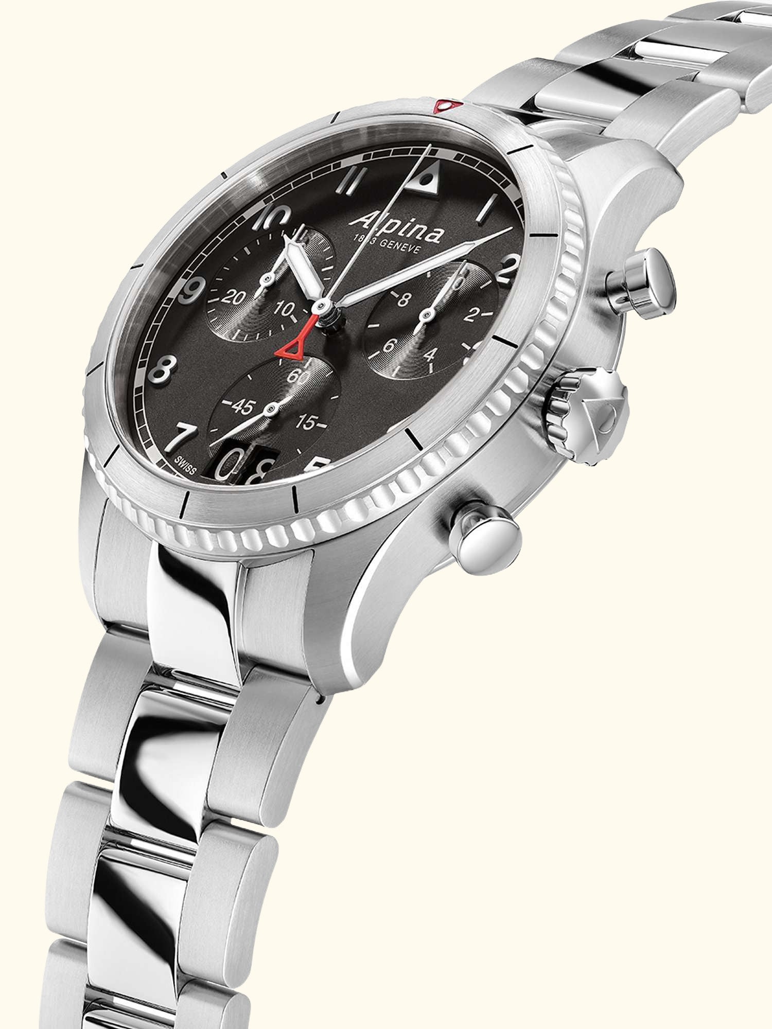 AL-372BW4S26B Men's Startimer Pilot Date Chronograph Bracelet Strap Watch, Silver/Black