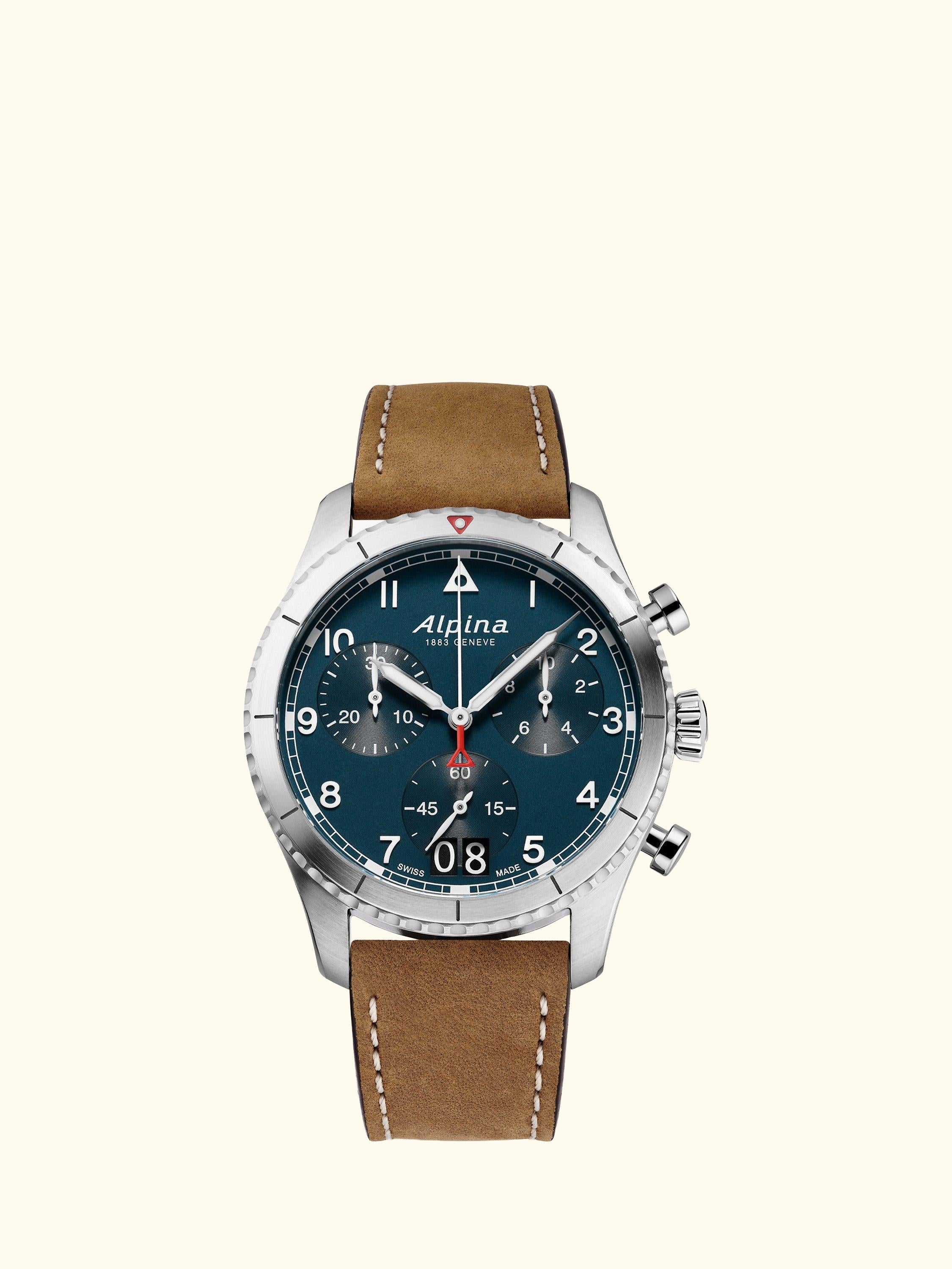 AL-372NW4S26 Men's Startimer Pilot Date Chronograph Leather Strap Watch, Brown/Blue