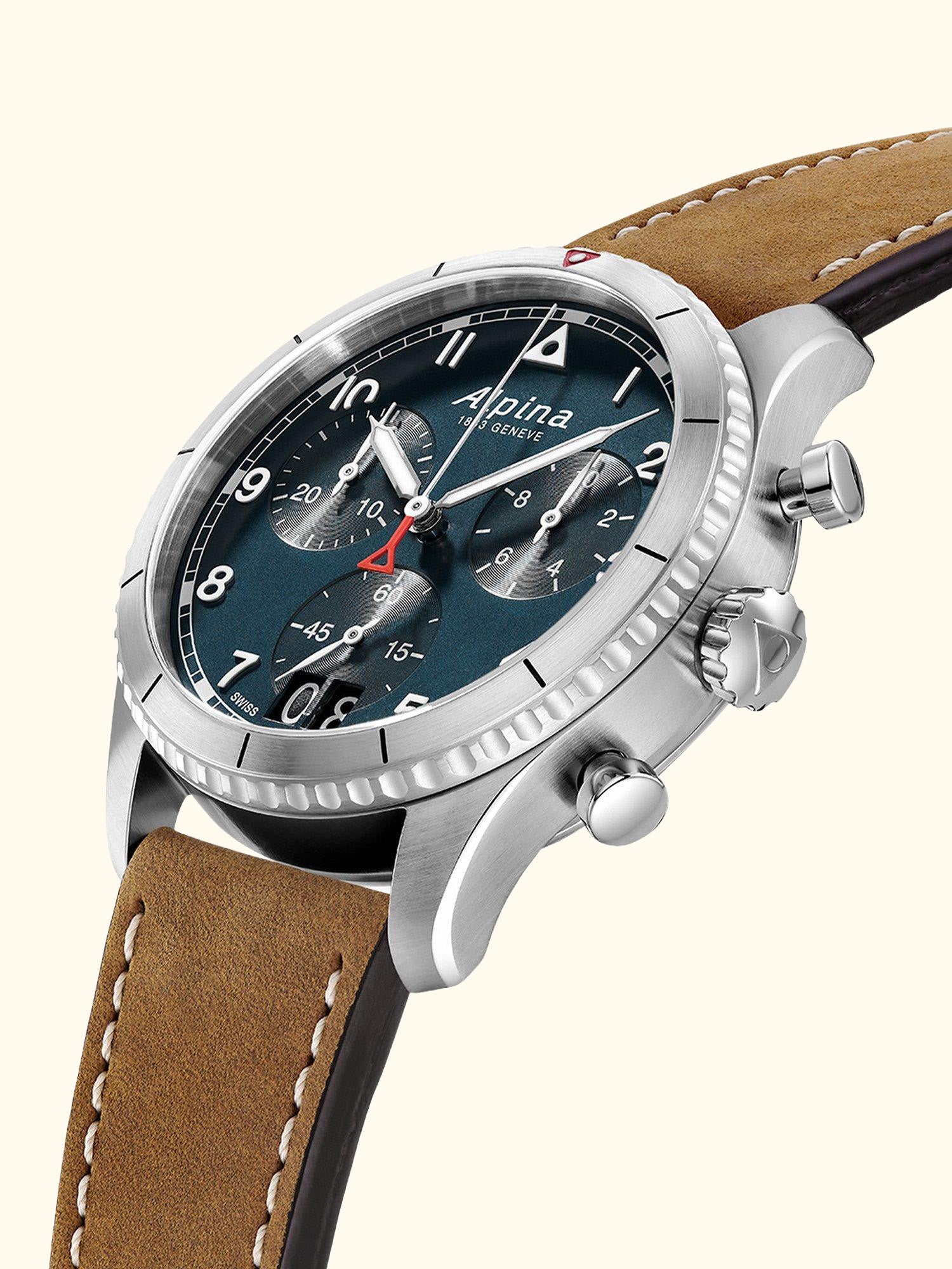 AL-372NW4S26 Men's Startimer Pilot Date Chronograph Leather Strap Watch, Brown/Blue