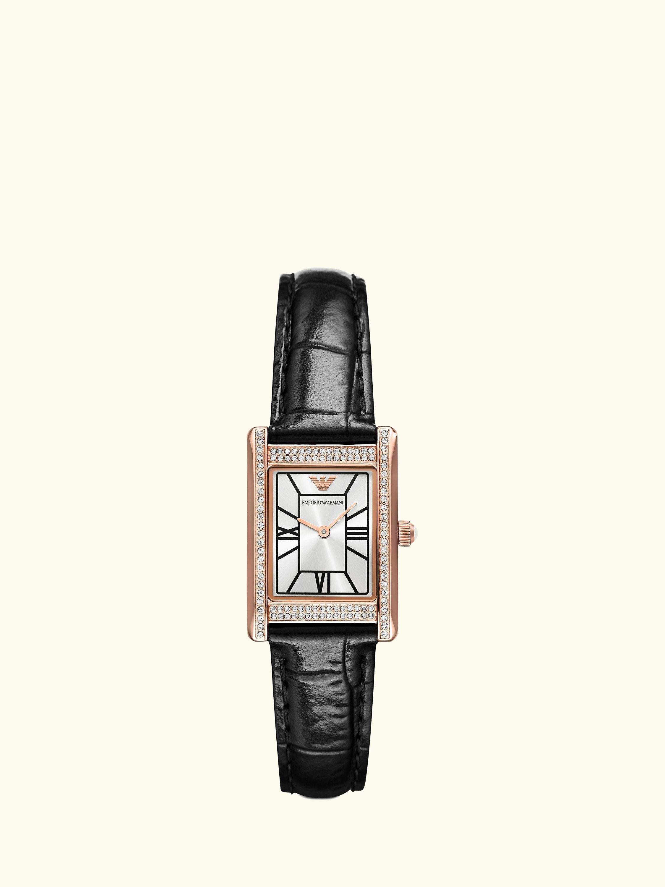 AR11624 Women's Crystal Leather Strap Watch, Rose Gold/Black