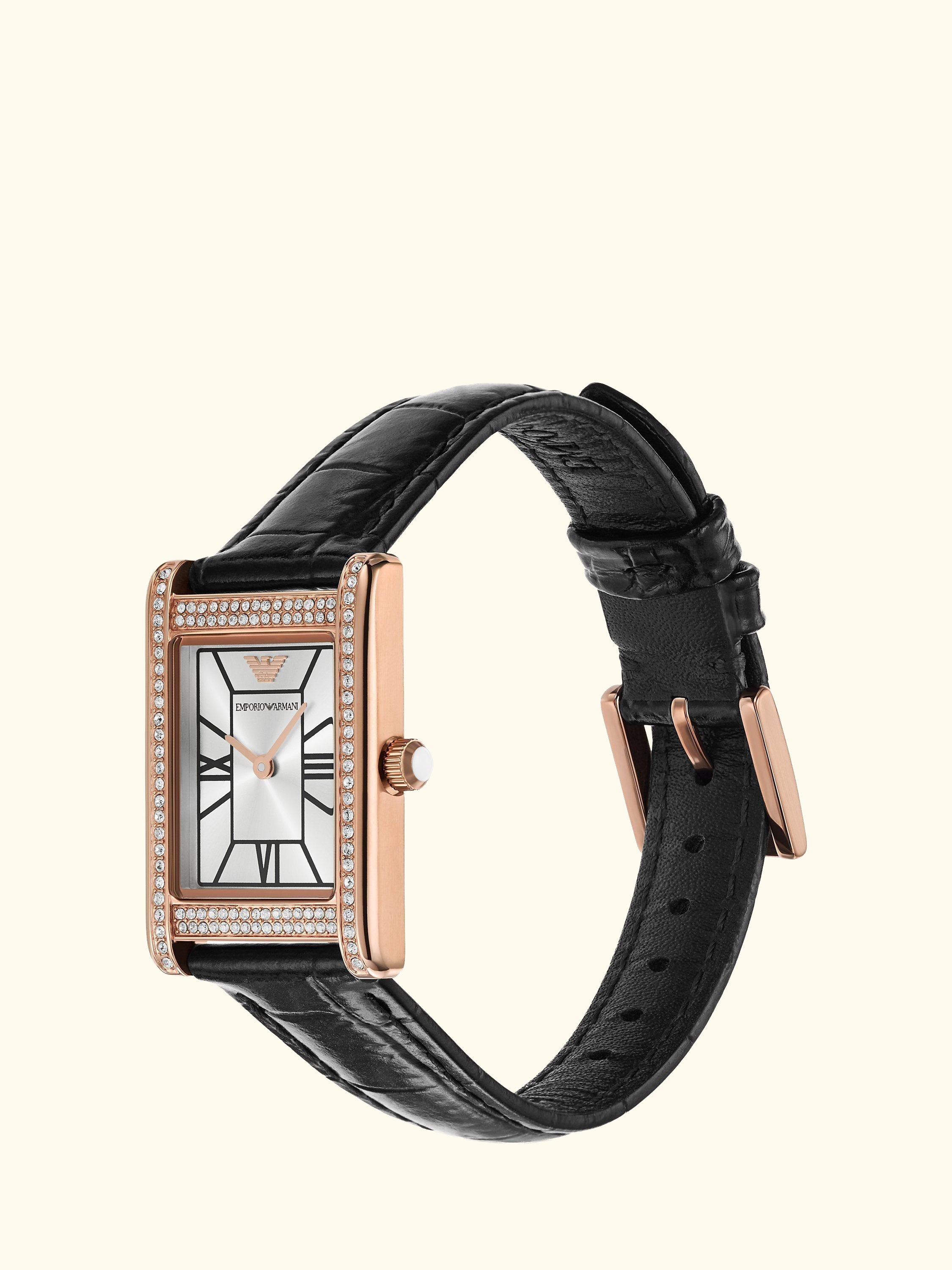AR11624 Women's Crystal Leather Strap Watch, Rose Gold/Black