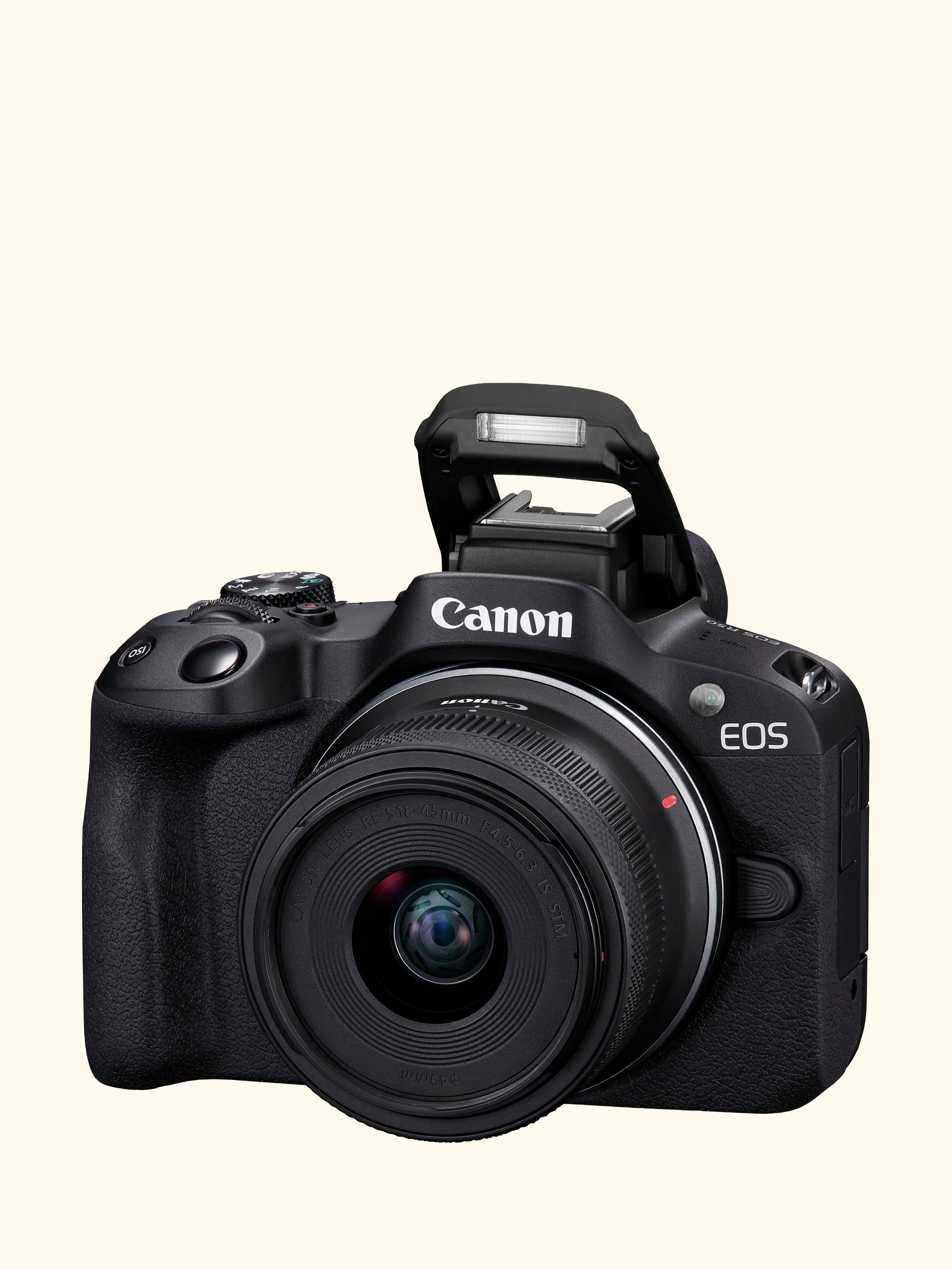 EOS R50 Compact System Camera with RF-S 18-45mm Zoom & 55-210mm Telephoto Lenses, 4K Ultra HD, 24.2MP, Wi-Fi, Bluetooth, OLED EVF, 3” Vari-Angle Touch Screen, Double Lens Kit, Black