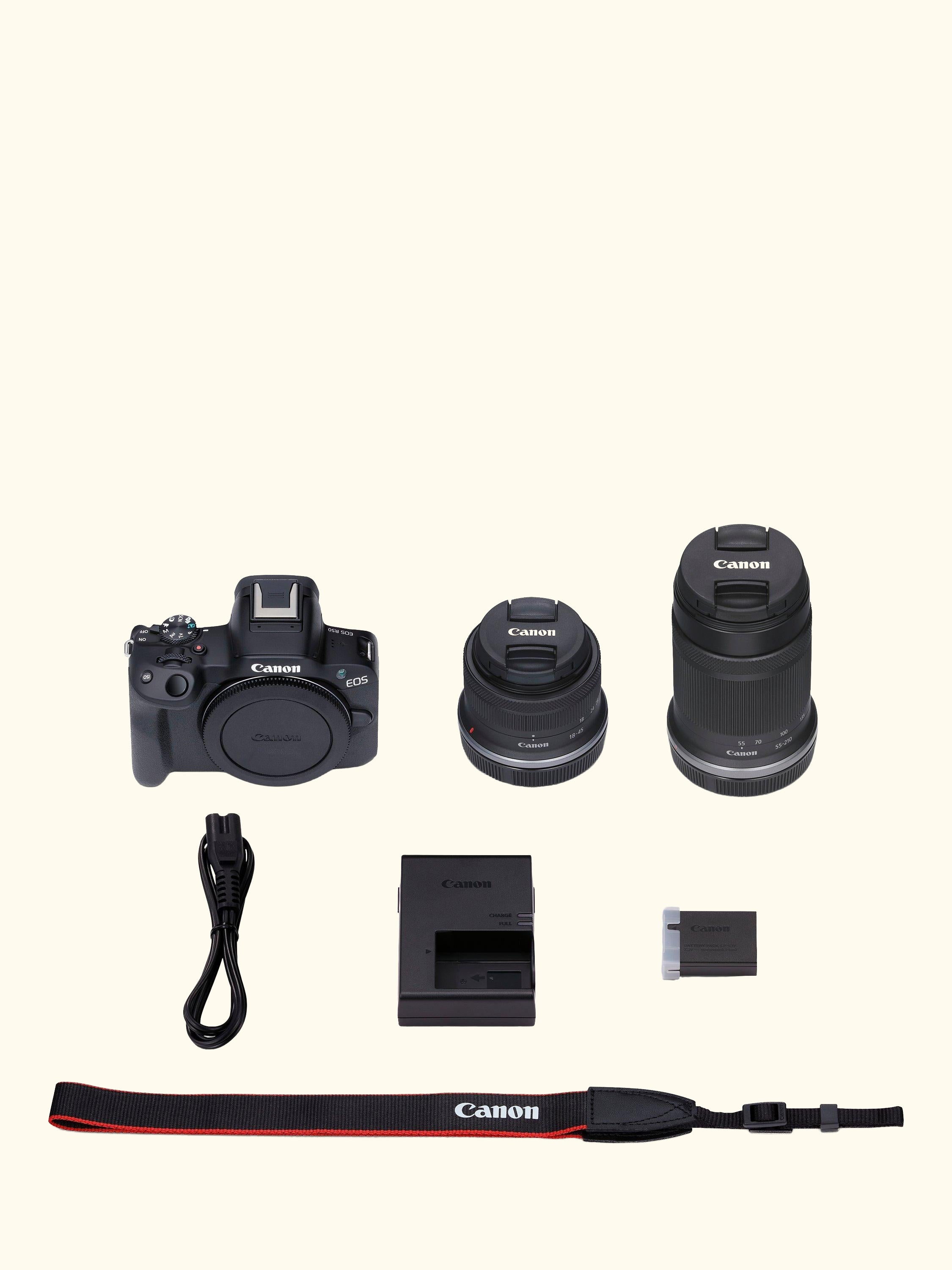 EOS R50 Compact System Camera with RF-S 18-45mm Zoom & 55-210mm Telephoto Lenses, 4K Ultra HD, 24.2MP, Wi-Fi, Bluetooth, OLED EVF, 3” Vari-Angle Touch Screen, Double Lens Kit, Black