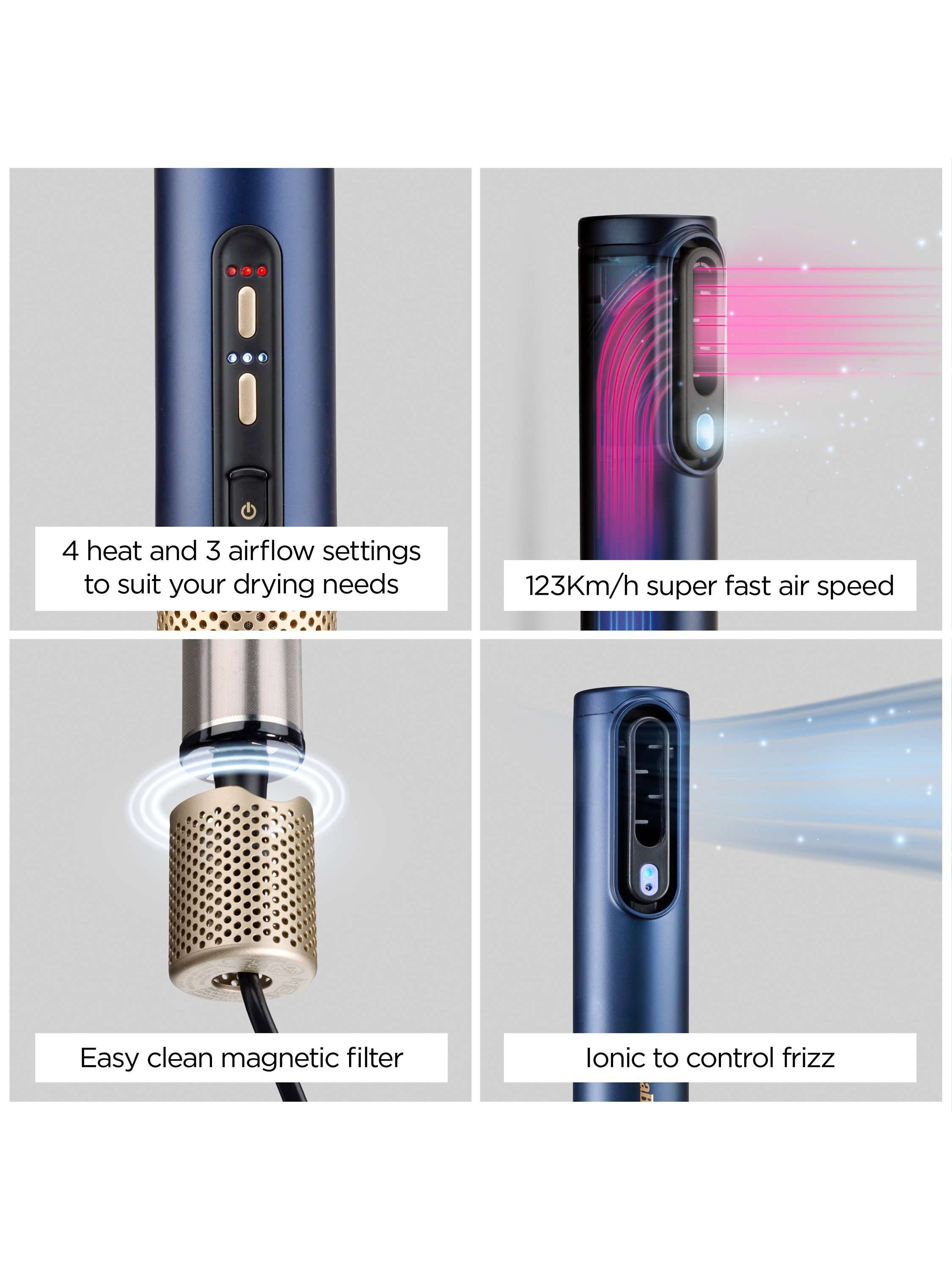 Air Wand Hair Dryer, Straightener and Styler All-in-One, Navy/Gold