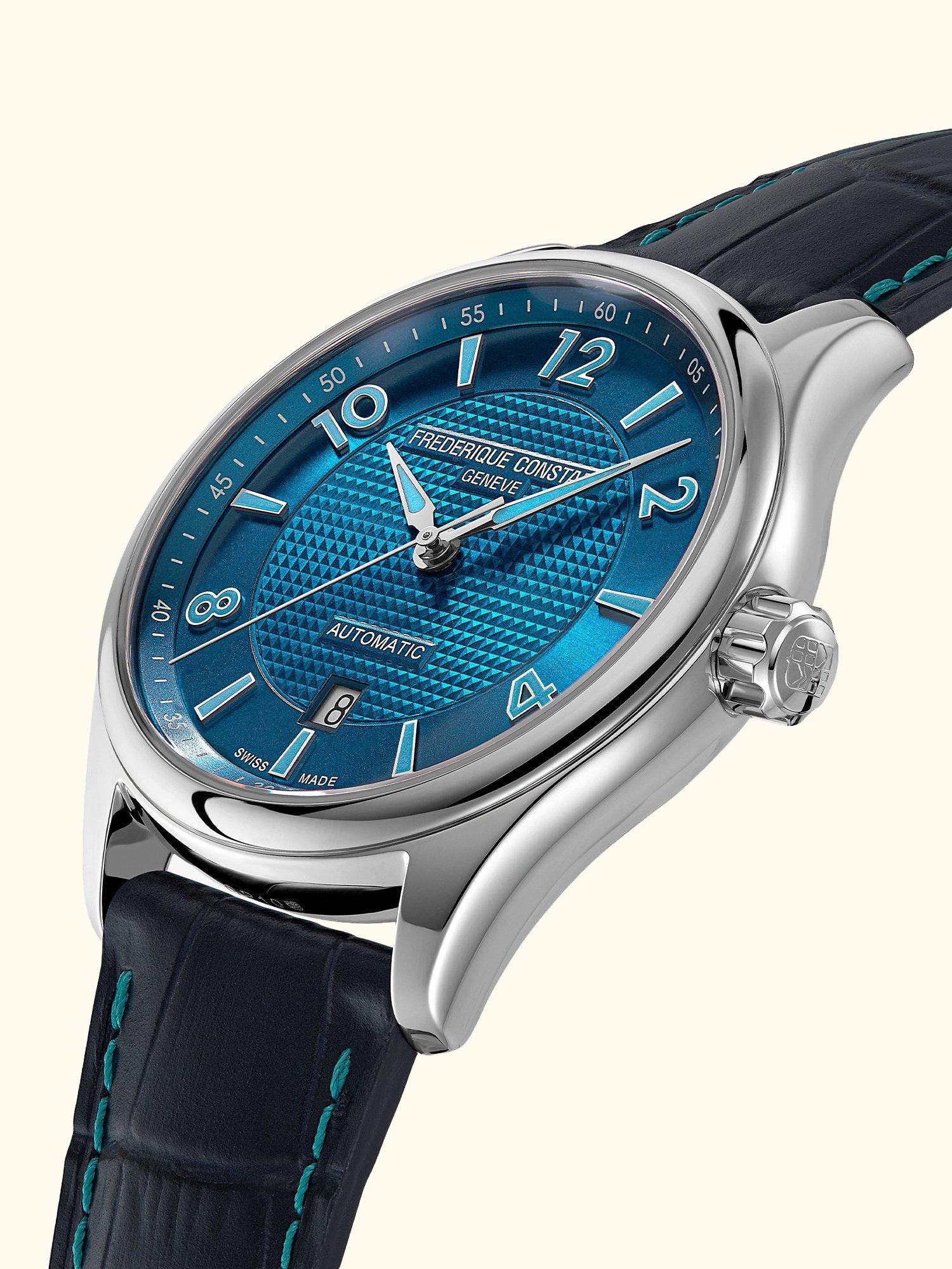 FC-303RMLN5B6 Men's Runabout Automatic Date Leather Strap Watch, Dark Blue/Blue