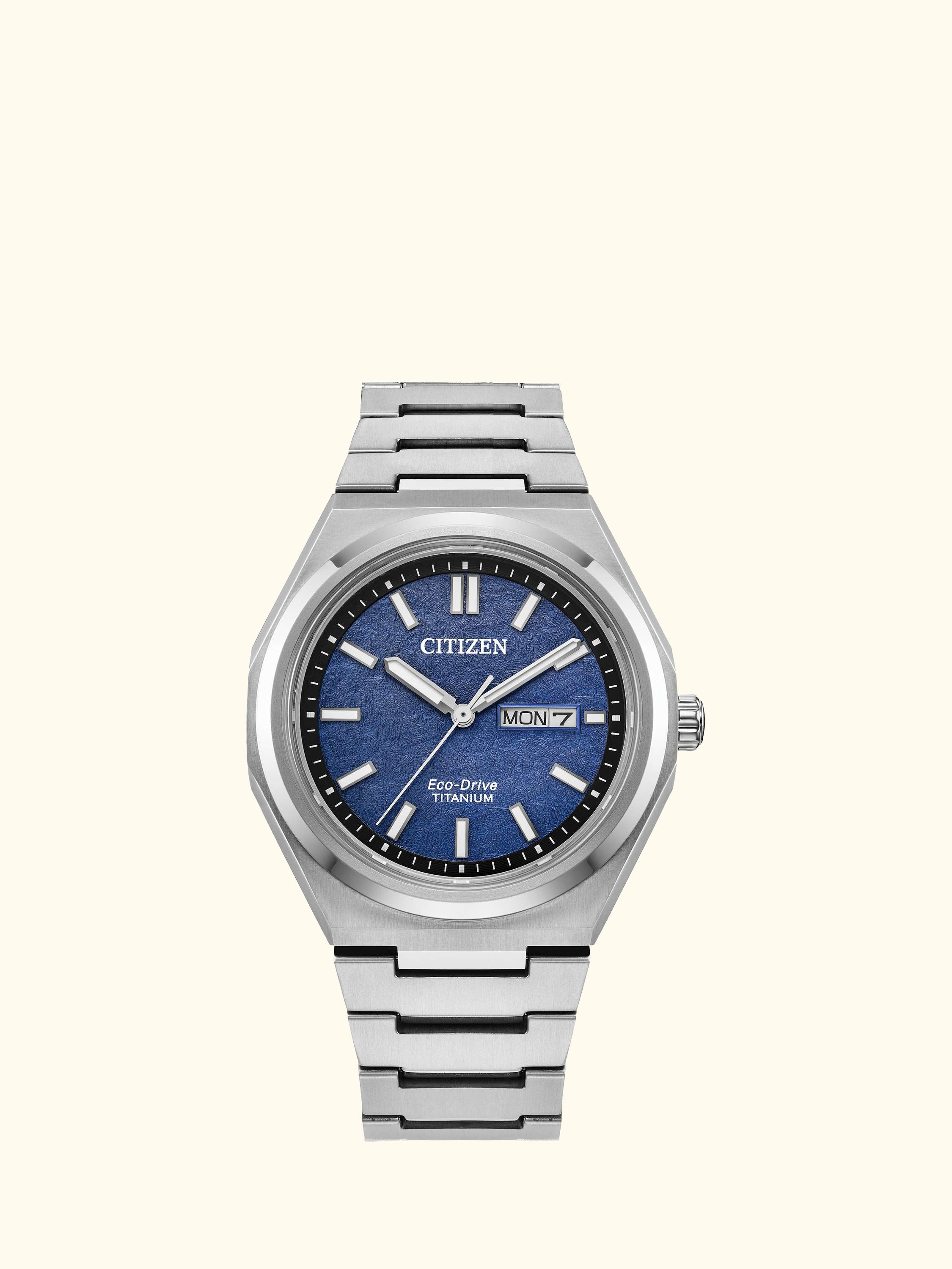 AW0130-85L Men's Zenshin Super Titanium™ Date Eco-Drive Bracelet Strap Watch, Silver/Blue