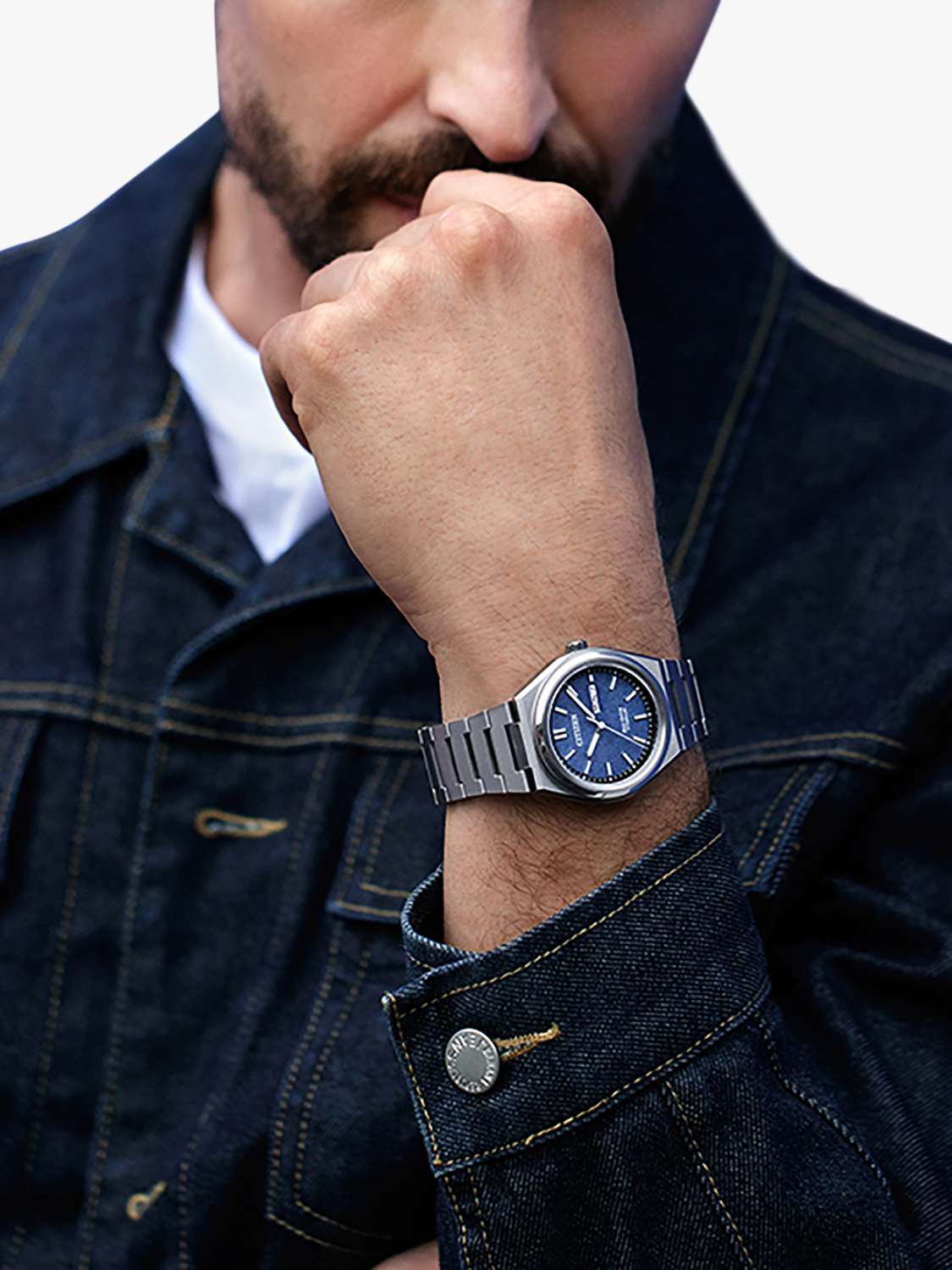 AW0130-85L Men's Zenshin Super Titanium™ Date Eco-Drive Bracelet Strap Watch, Silver/Blue