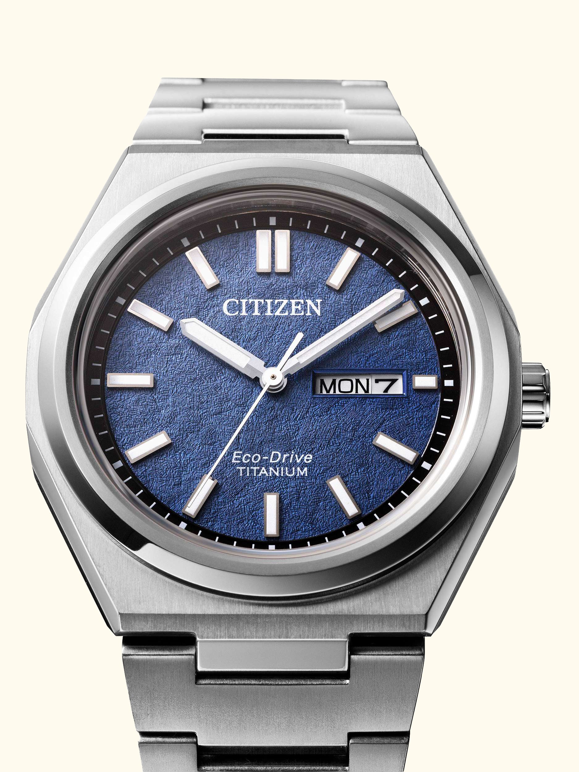 AW0130-85L Men's Zenshin Super Titanium™ Date Eco-Drive Bracelet Strap Watch, Silver/Blue