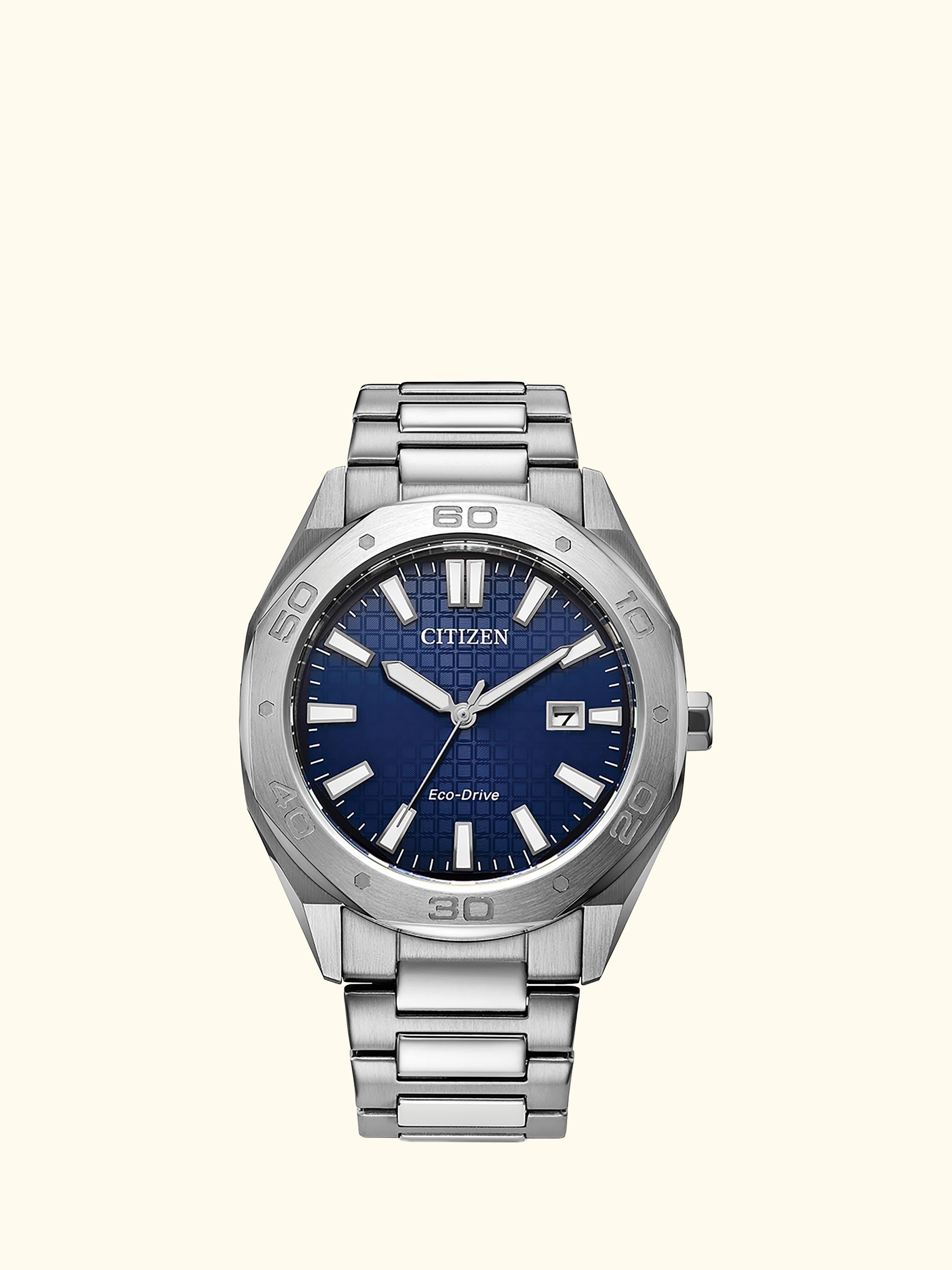 Men's Sport Octagonal Eco-Drive Date Bracelet Strap Watch
