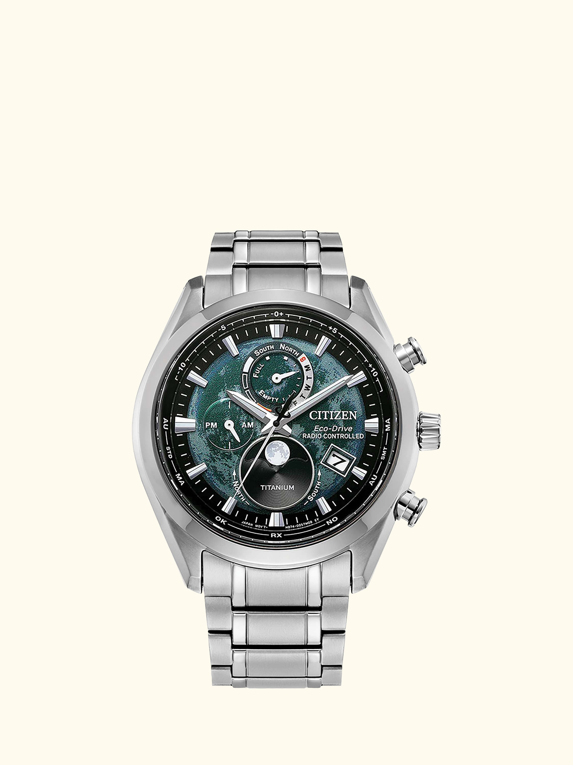 BY1010-57X Men's Eco-Drive Date Bracelet Strap Watch, Silver/Green