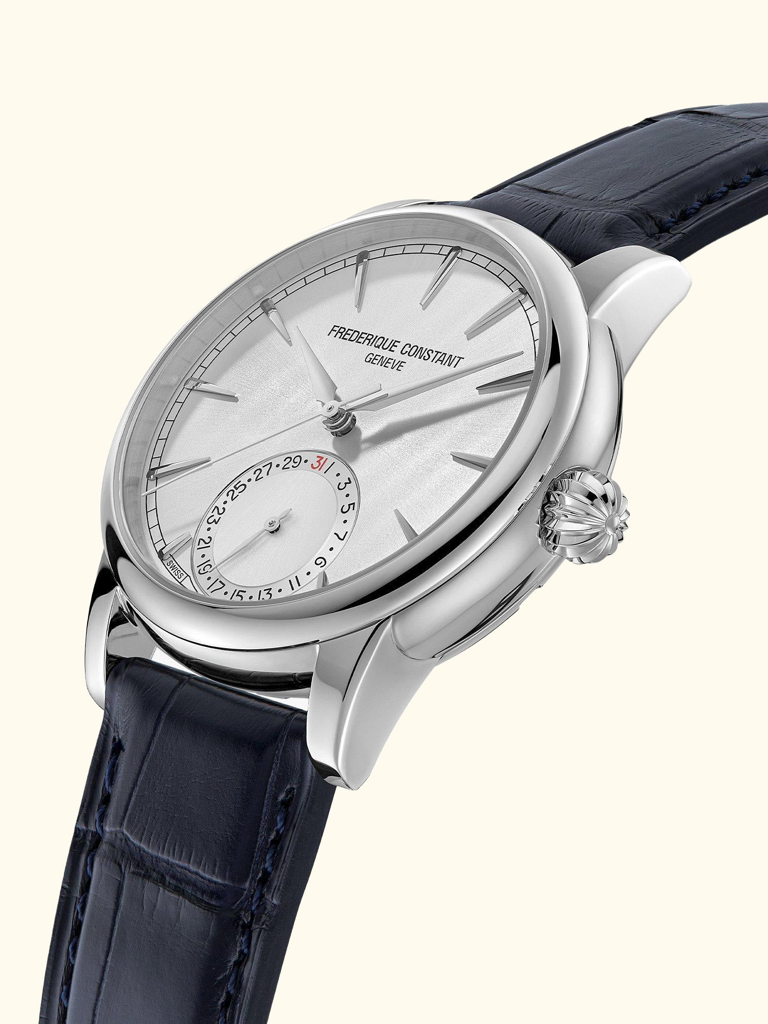 FC-706S3H6 Classic Date Manufacture Sports Leather Strap Watch, Silver/Blue