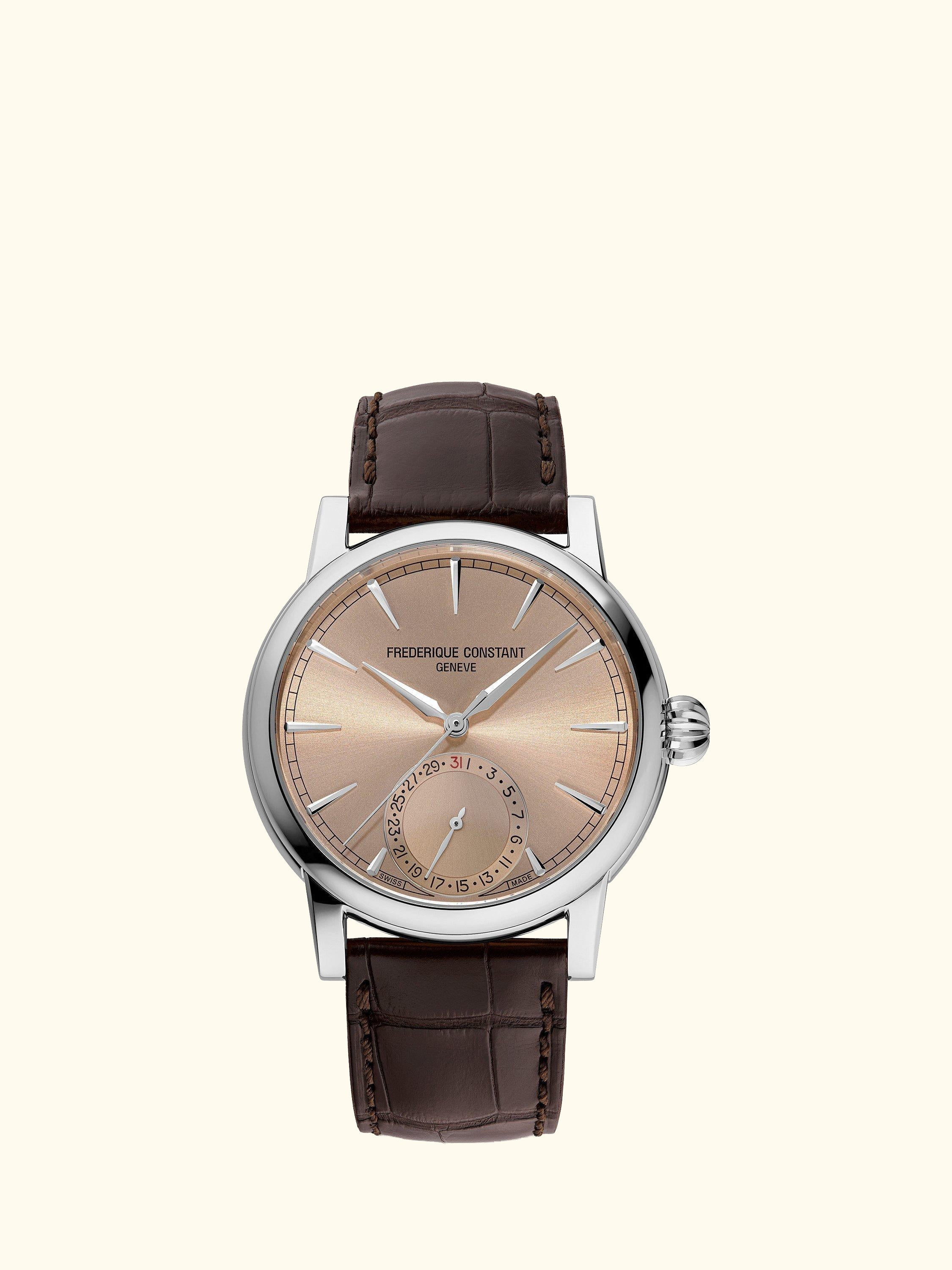 FC-706 Men's Classic Date Manufacture Leather Strap Watch, Salmon/Silver