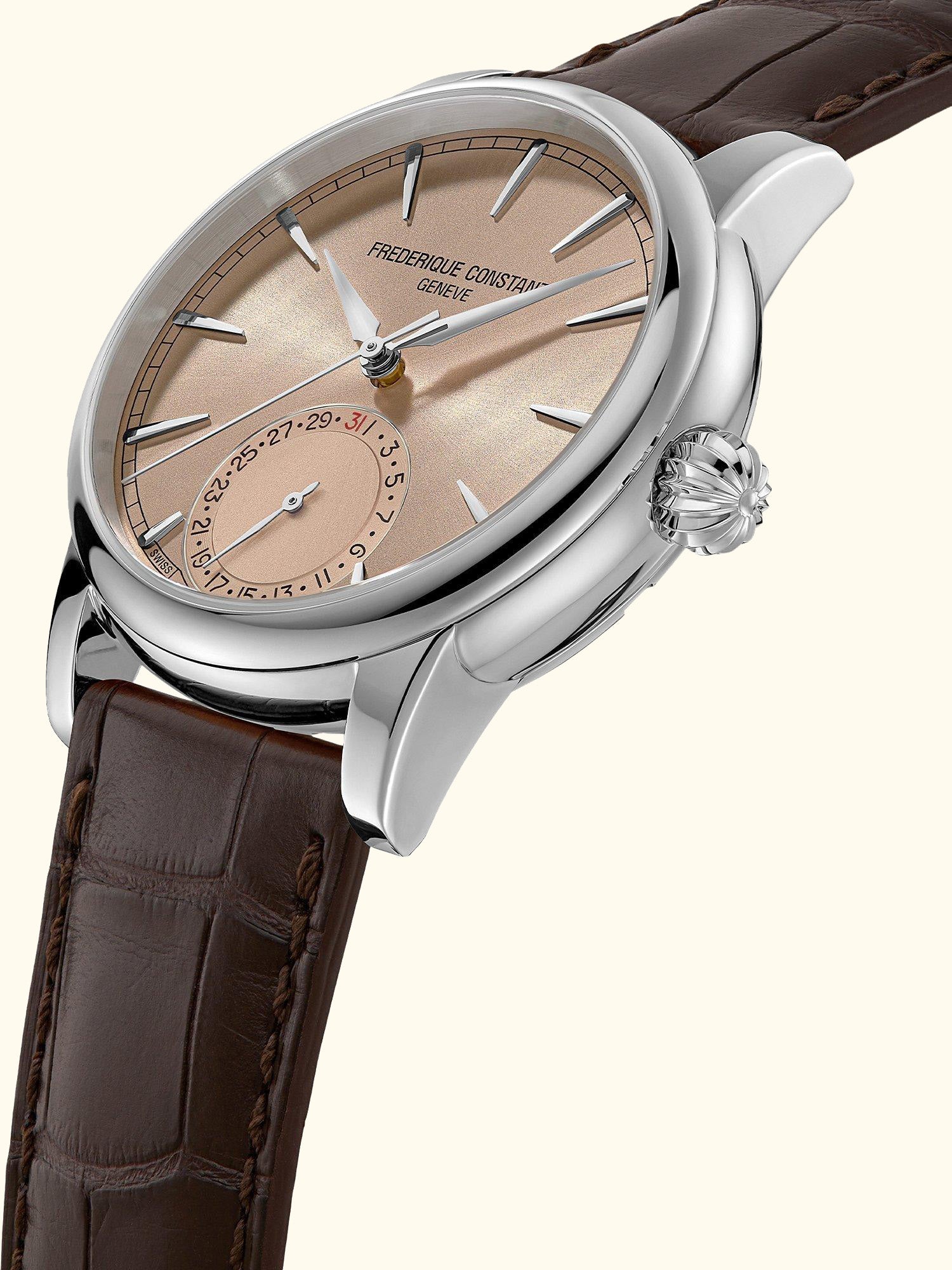 FC-706 Men's Classic Date Manufacture Leather Strap Watch, Salmon/Silver