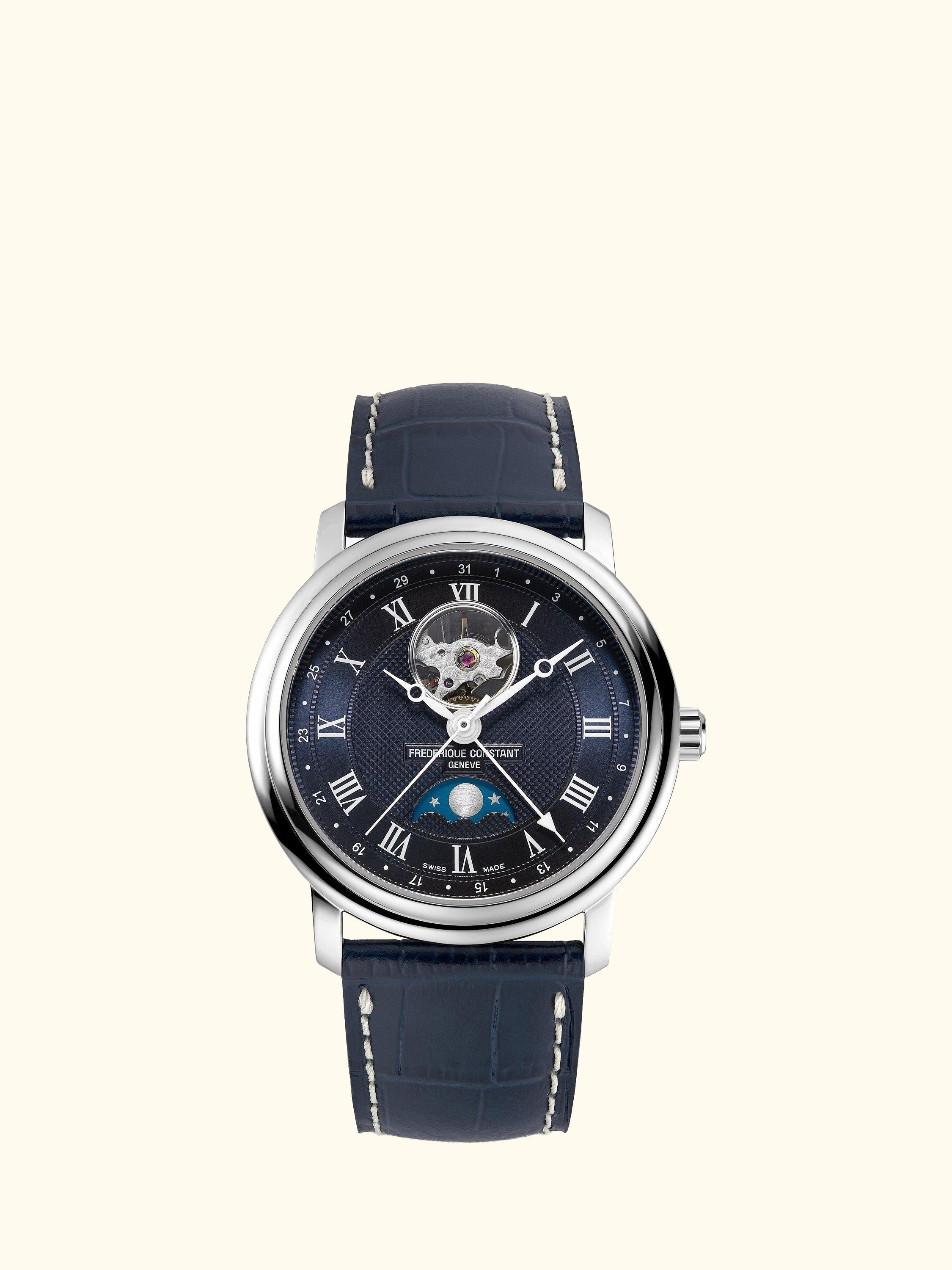 FC-335MCNW4P26 Men's Classics Automatic Heart Beat Moonphase Leather Strap Watch, Blue