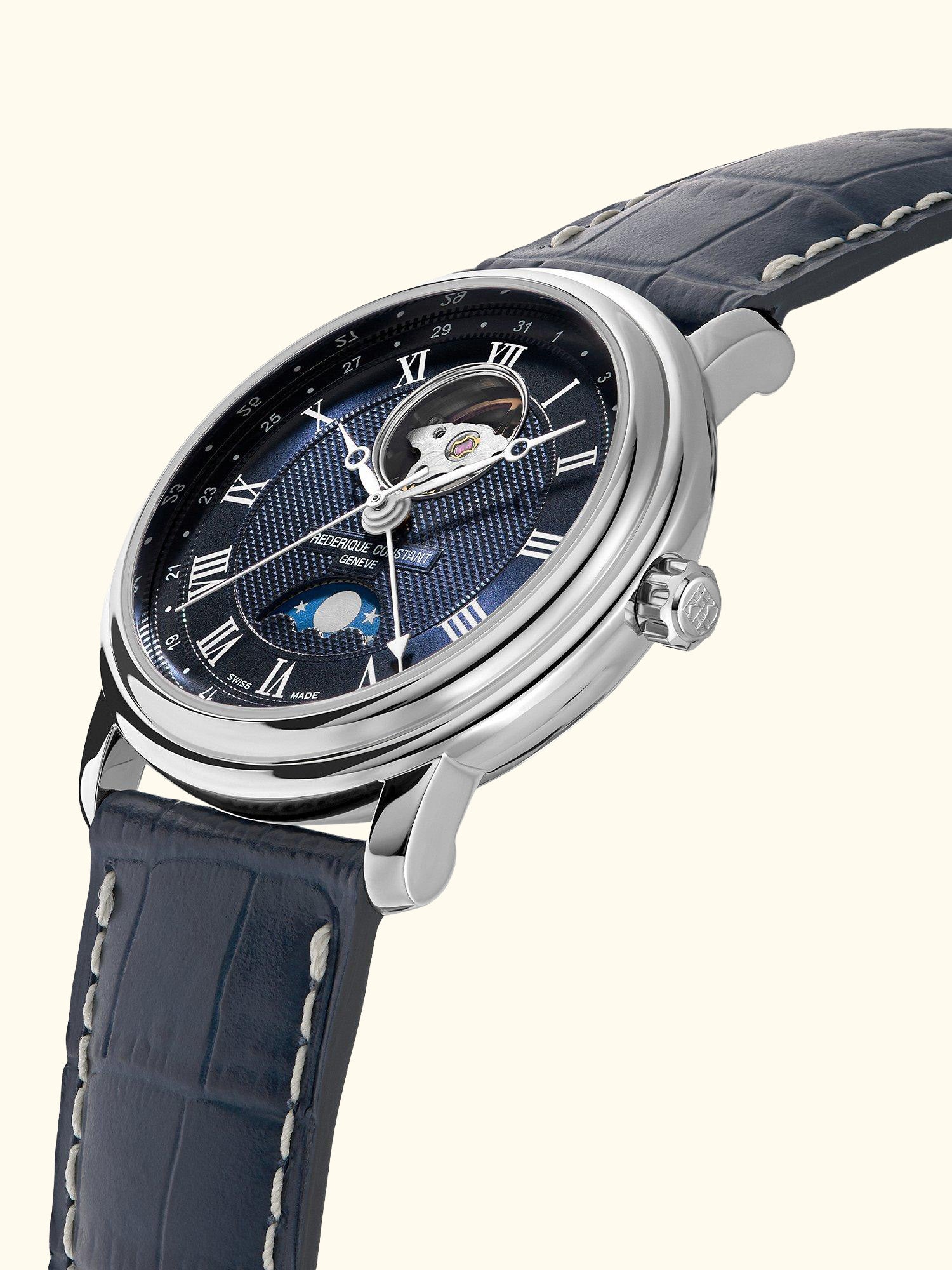 FC-335MCNW4P26 Men's Classics Automatic Heart Beat Moonphase Leather Strap Watch, Blue