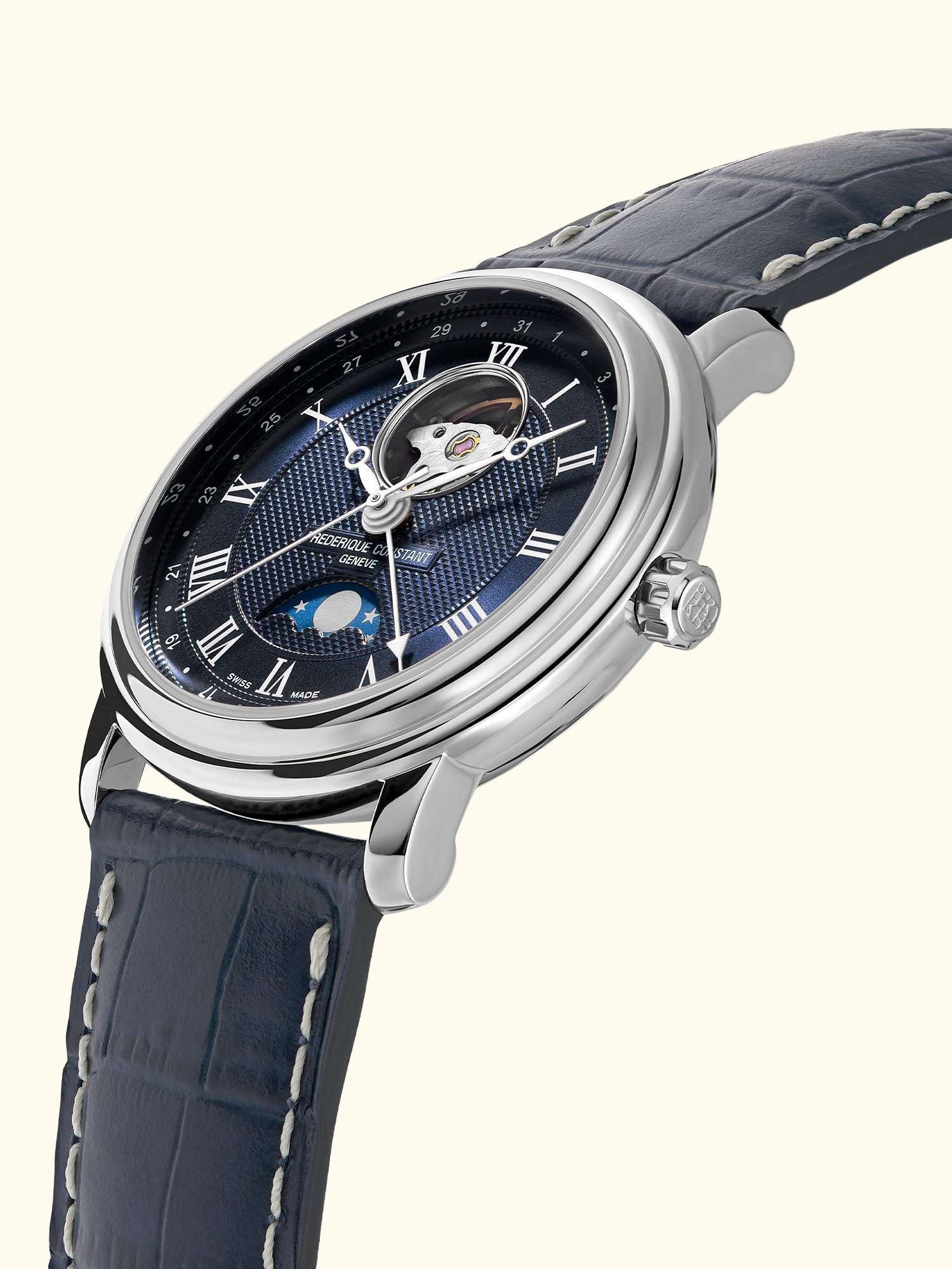 FC-335MCNW4P26 Men's Classics Automatic Heart Beat Moonphase Leather Strap Watch, Blue