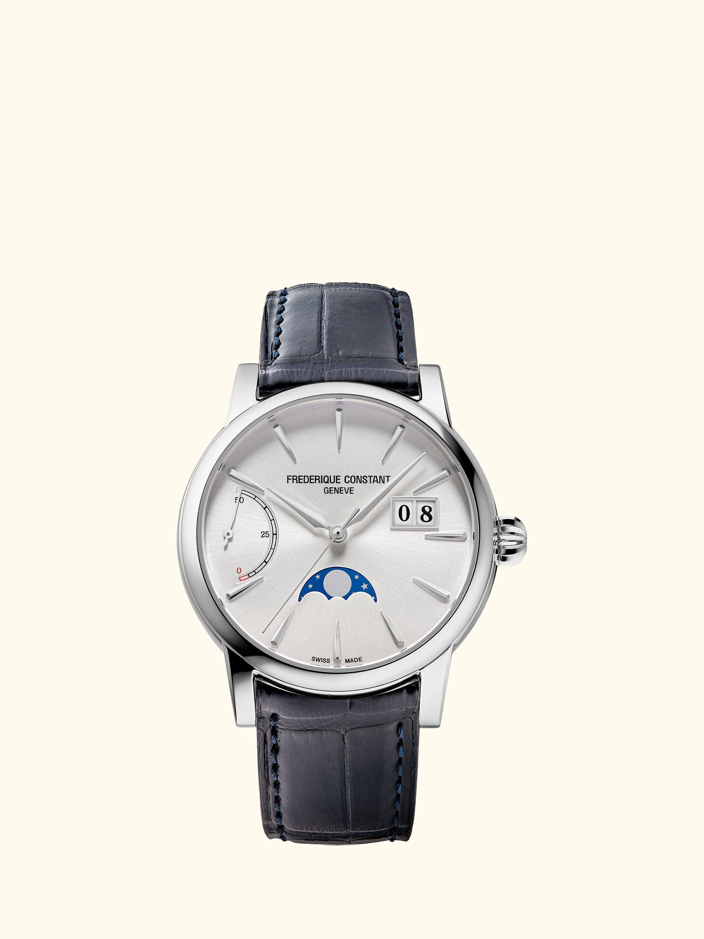 FC-735S3H6 Men's Classic Power Reserve Big Date Manufacture Automatic Leather Strap Watch, Blue/Silver
