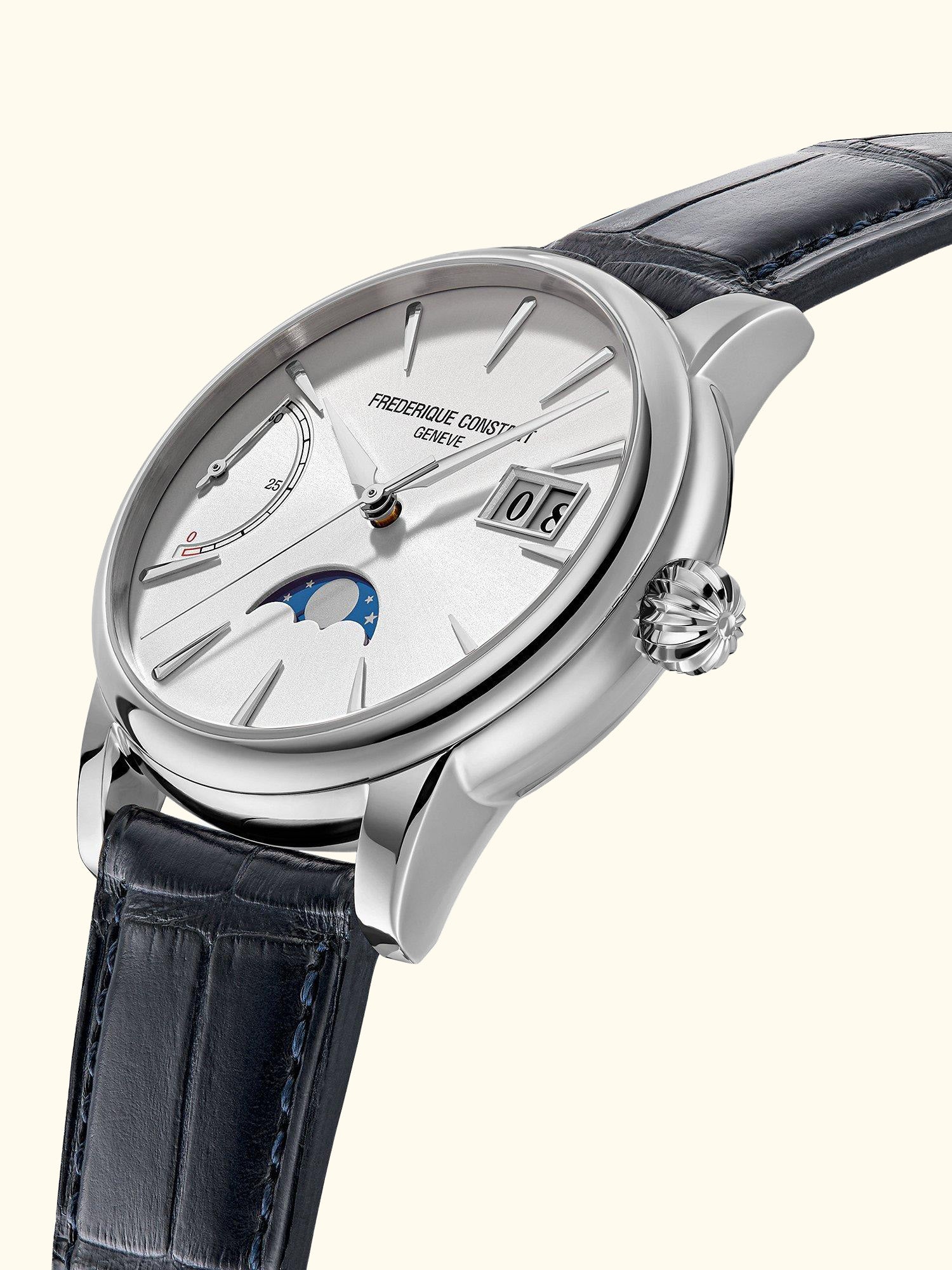 FC-735S3H6 Men's Classic Power Reserve Big Date Manufacture Automatic Leather Strap Watch, Blue/Silver