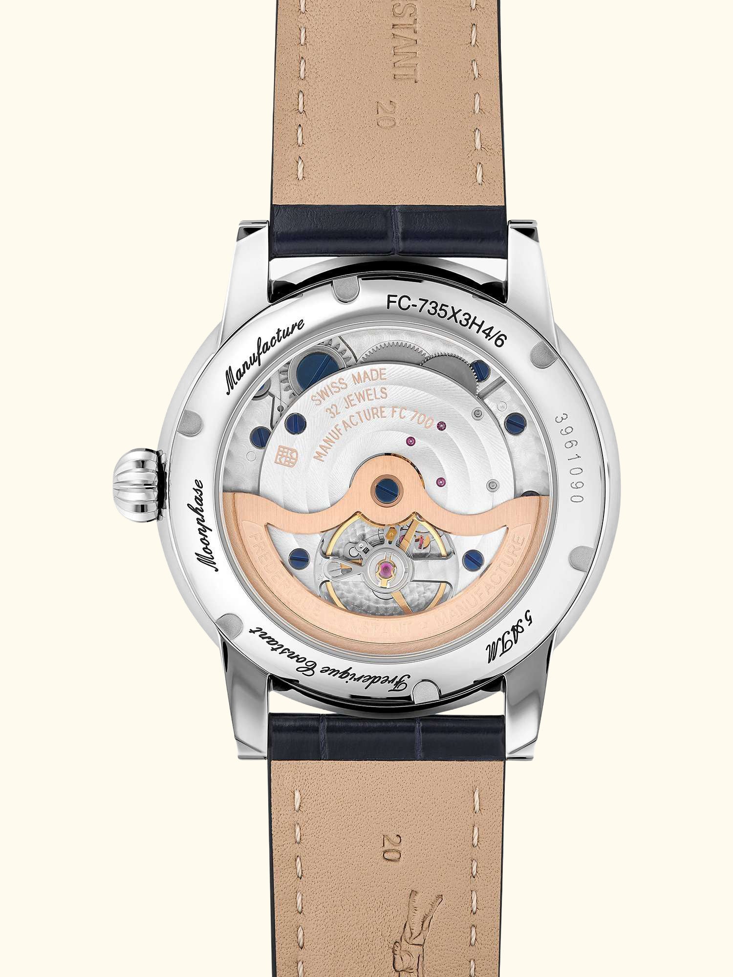 FC-735S3H6 Men's Classic Power Reserve Big Date Manufacture Automatic Leather Strap Watch, Blue/Silver