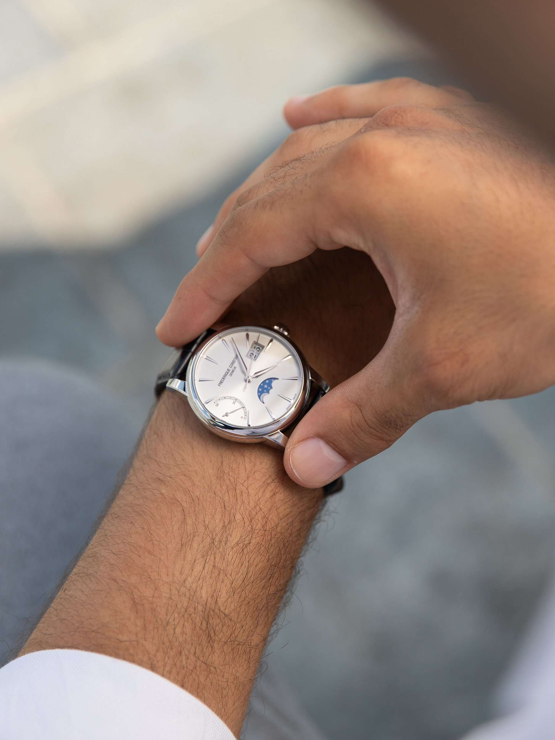 FC-735S3H6 Men's Classic Power Reserve Big Date Manufacture Automatic Leather Strap Watch, Blue/Silver
