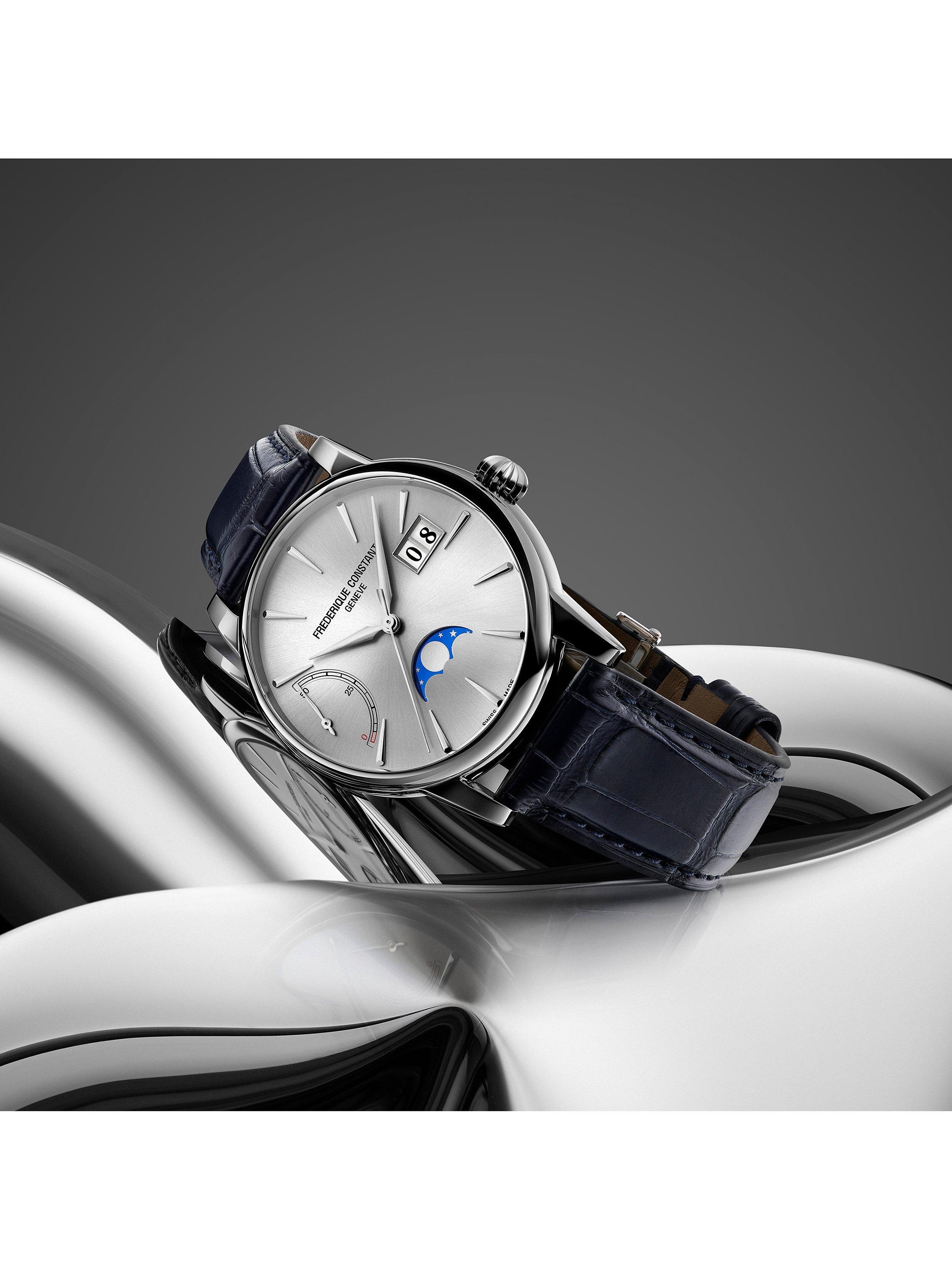FC-735S3H6 Men's Classic Power Reserve Big Date Manufacture Automatic Leather Strap Watch, Blue/Silver