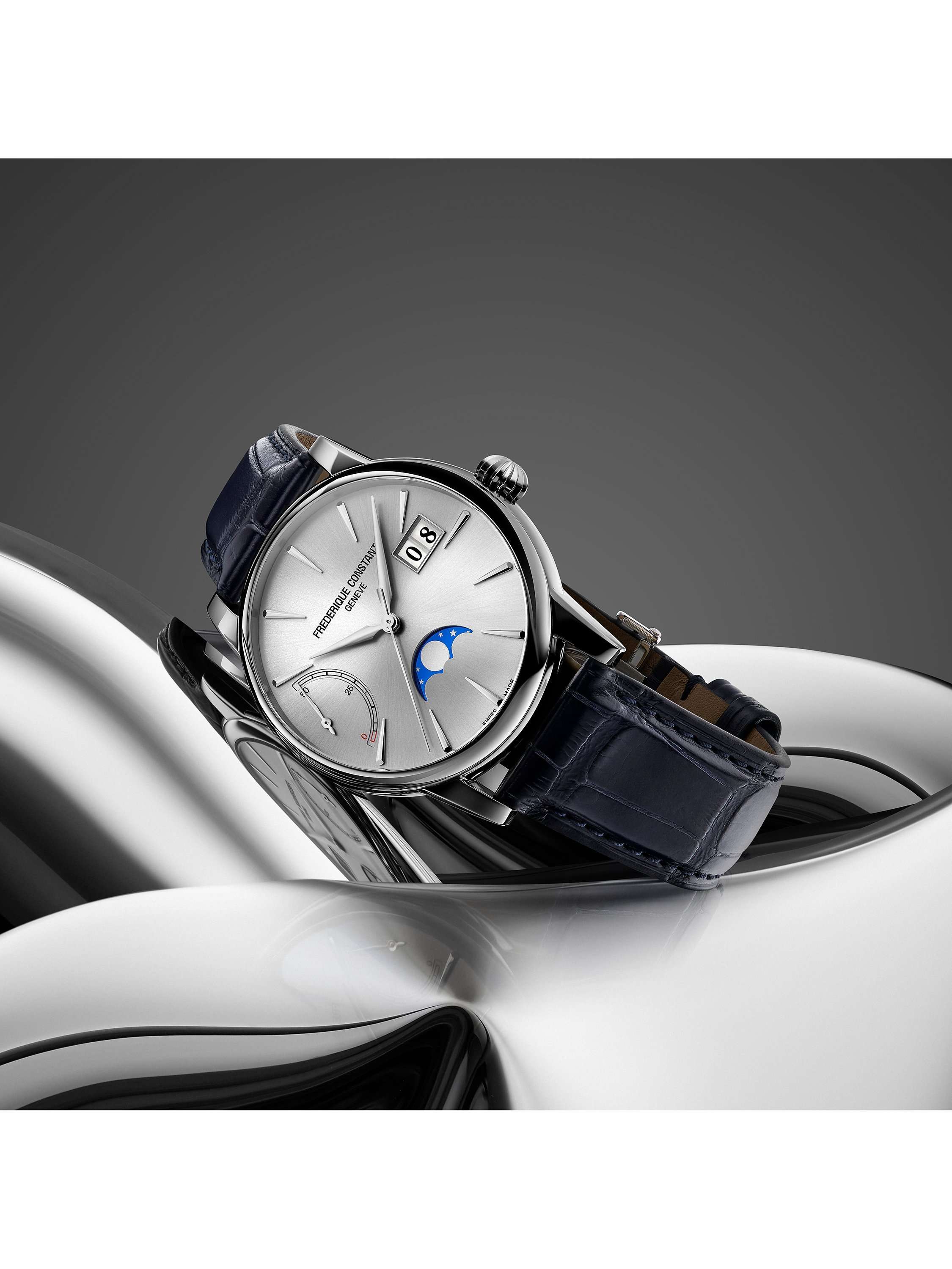 FC-735S3H6 Men's Classic Power Reserve Big Date Manufacture Automatic Leather Strap Watch, Blue/Silver