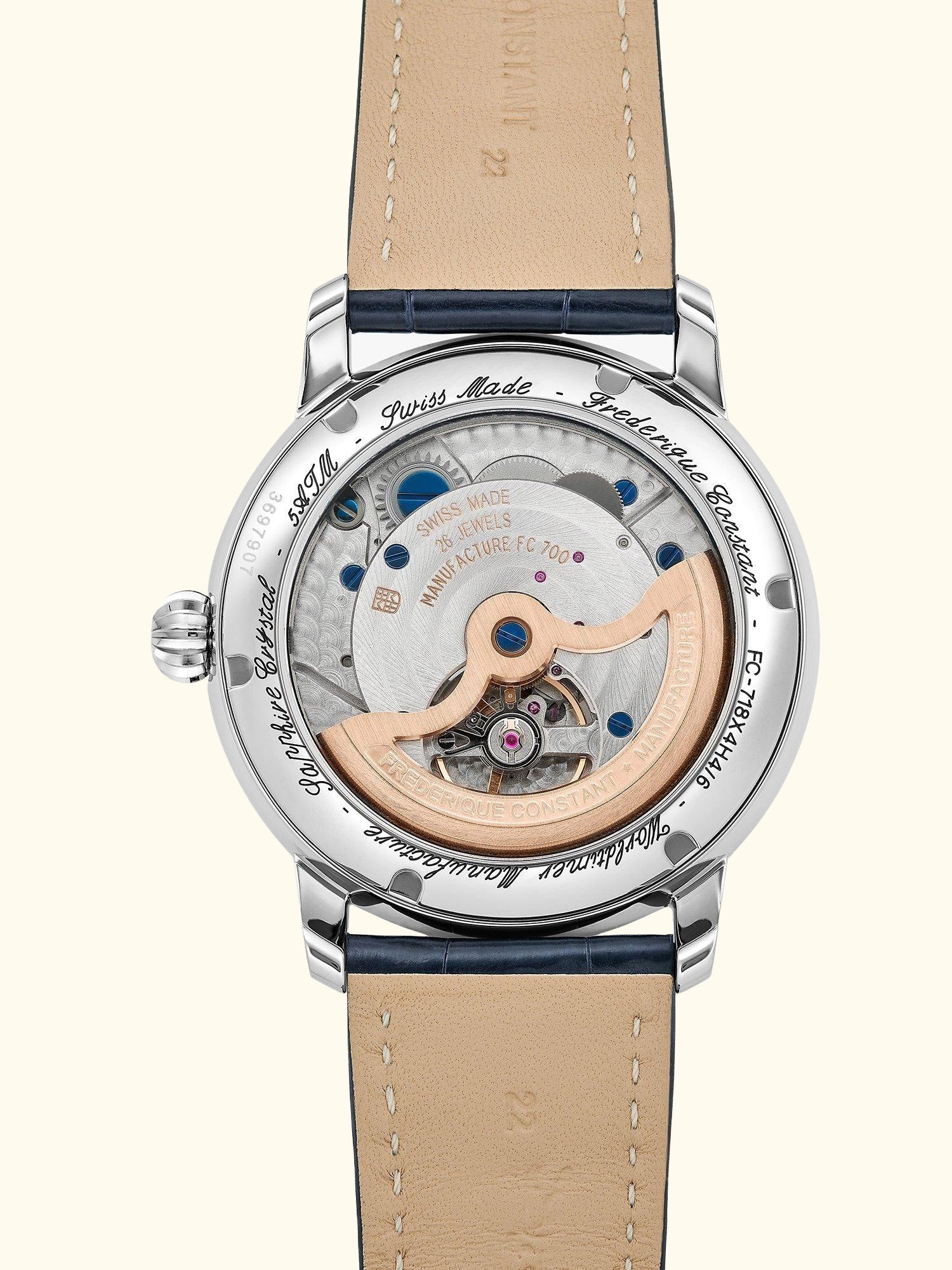 FC-718NWM4H6 Men's Classic World Timer Manufacture Automatic Leather Strap Watch, Blue