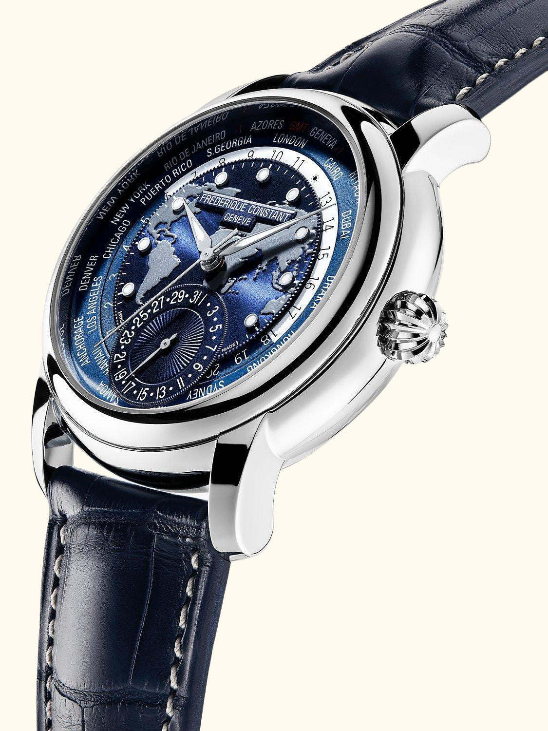 FC-718NWM4H6 Men's Classic World Timer Manufacture Automatic Leather Strap Watch, Blue