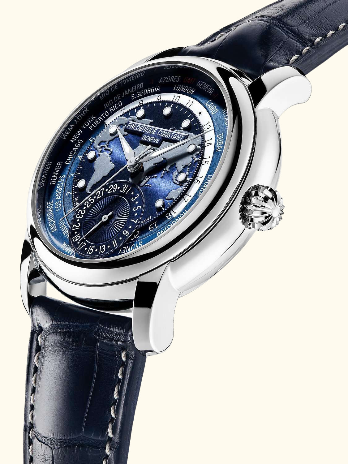 FC-718NWM4H6 Men's Classic World Timer Manufacture Automatic Leather Strap Watch, Blue
