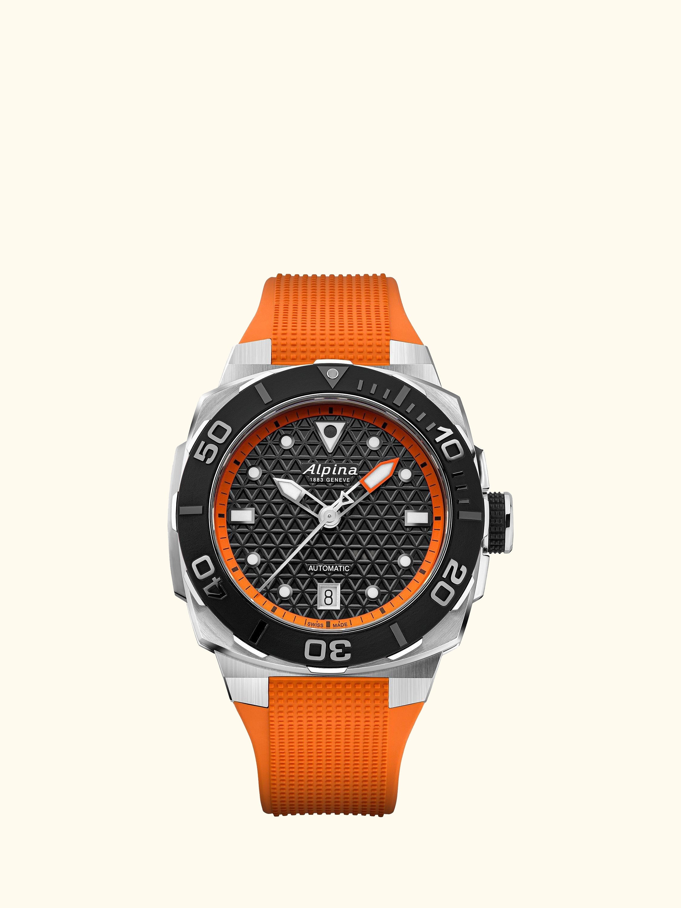 AL-525BO3VE6 Men's Seastrong Diver Extreme Automatic Rubber Strap Watch, Orange/Black