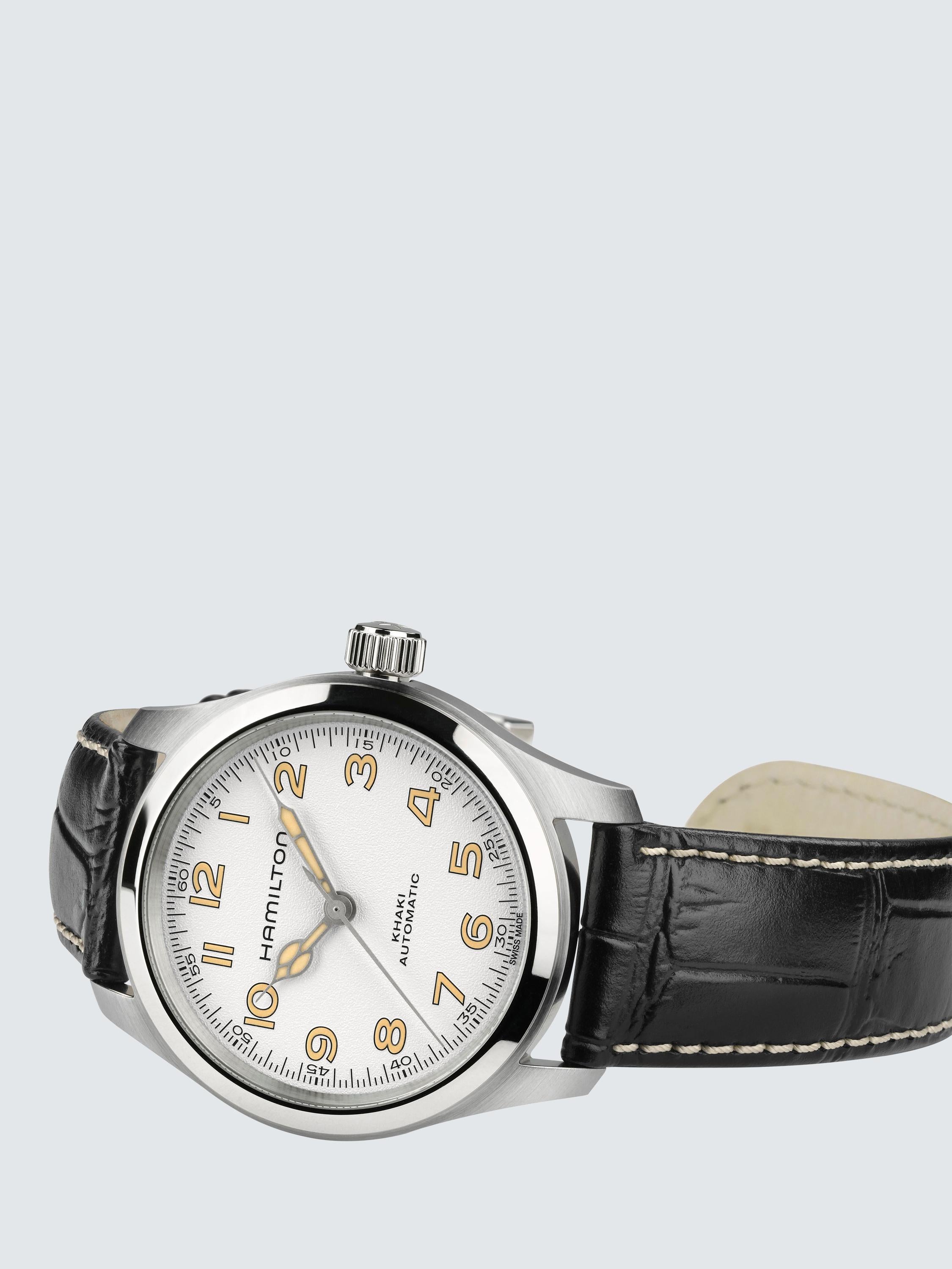 H70405710 Unisex  Khaki Field Murph Automatic Leather Strap Watch, Black