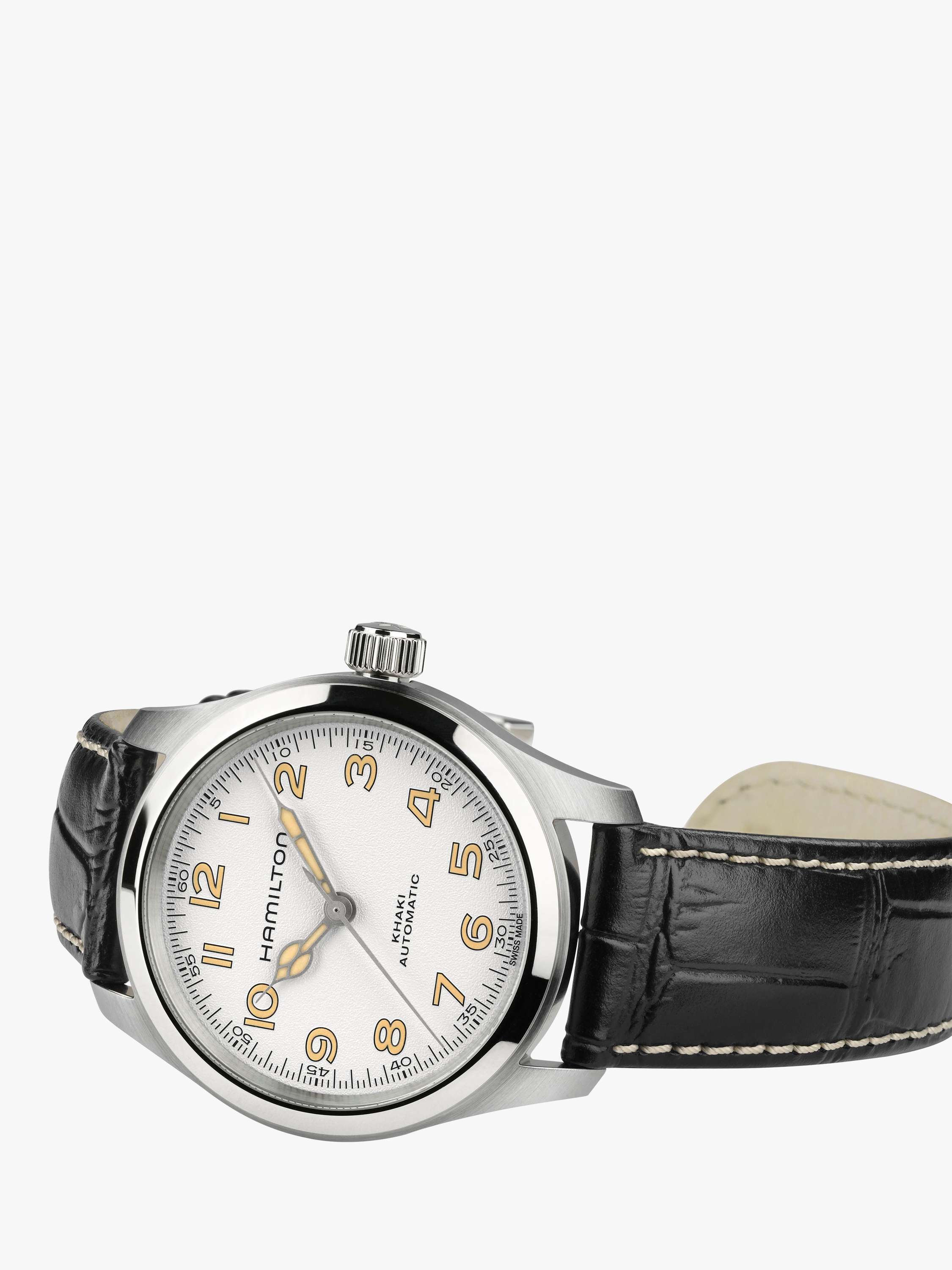 H70405710 Unisex  Khaki Field Murph Automatic Leather Strap Watch, Black