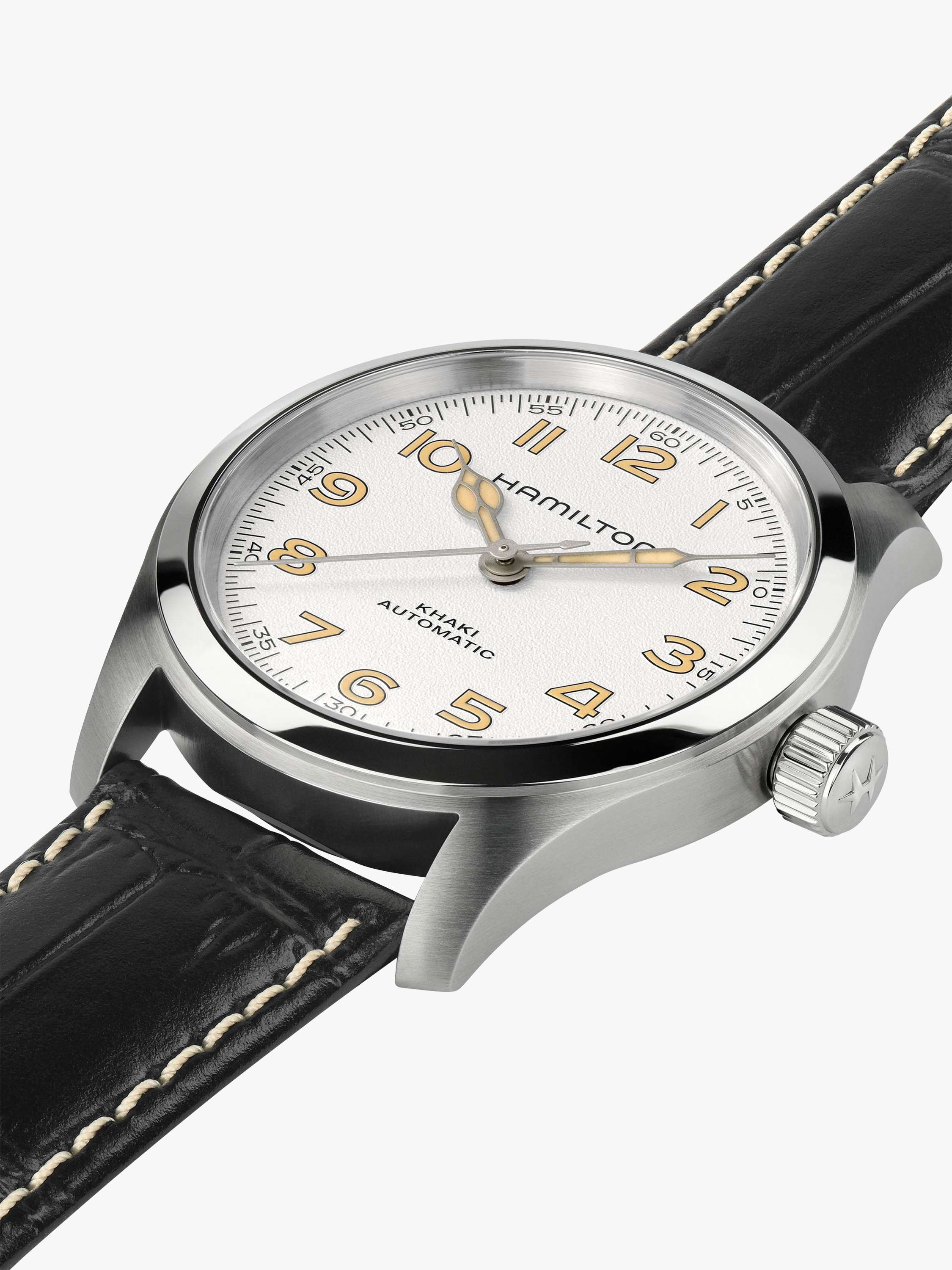 H70405710 Unisex  Khaki Field Murph Automatic Leather Strap Watch, Black