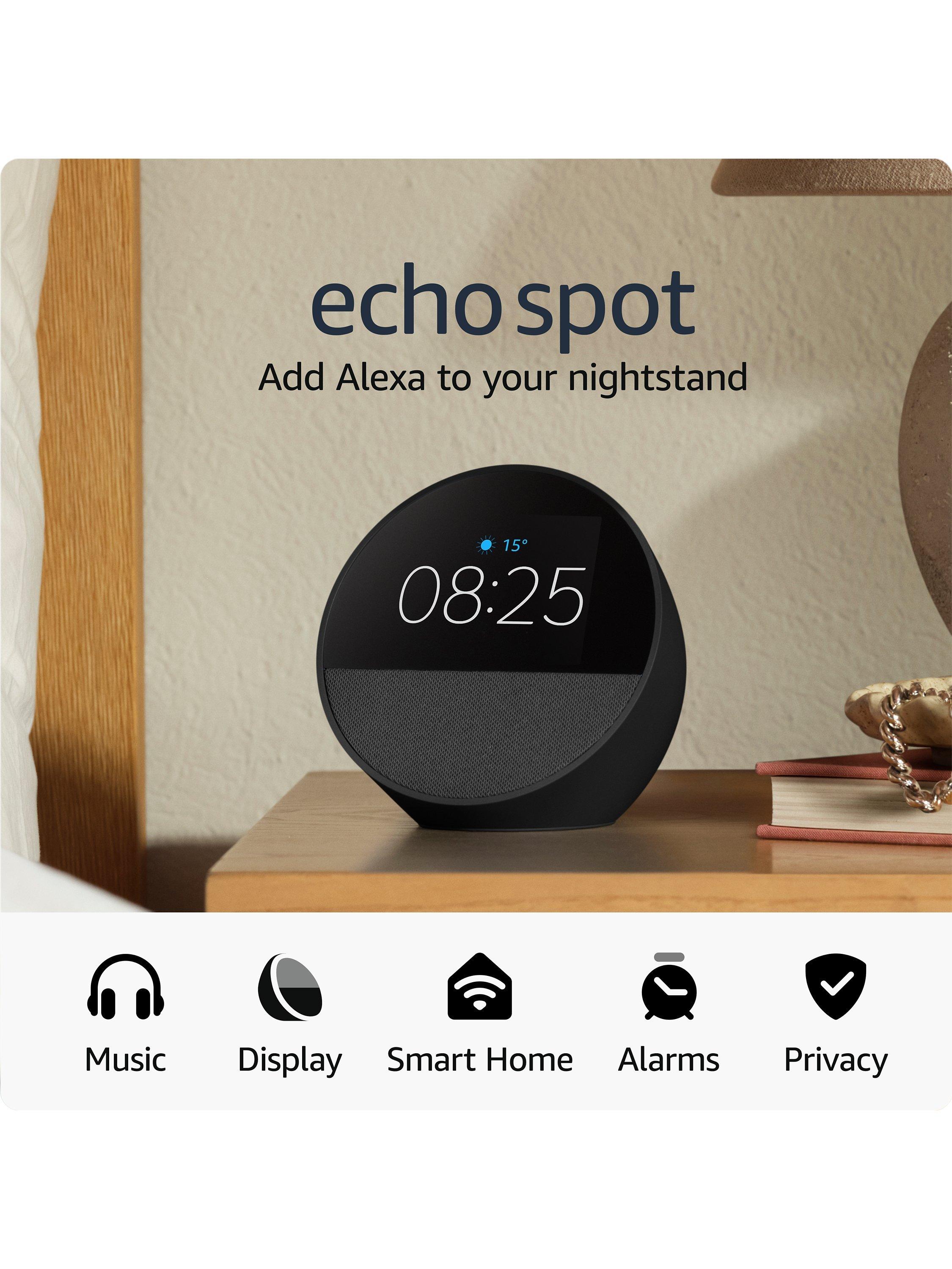 Echo Spot (2024) Smart Alarm Clock with 2.8” Screen & Alexa Voice Recognition & Control