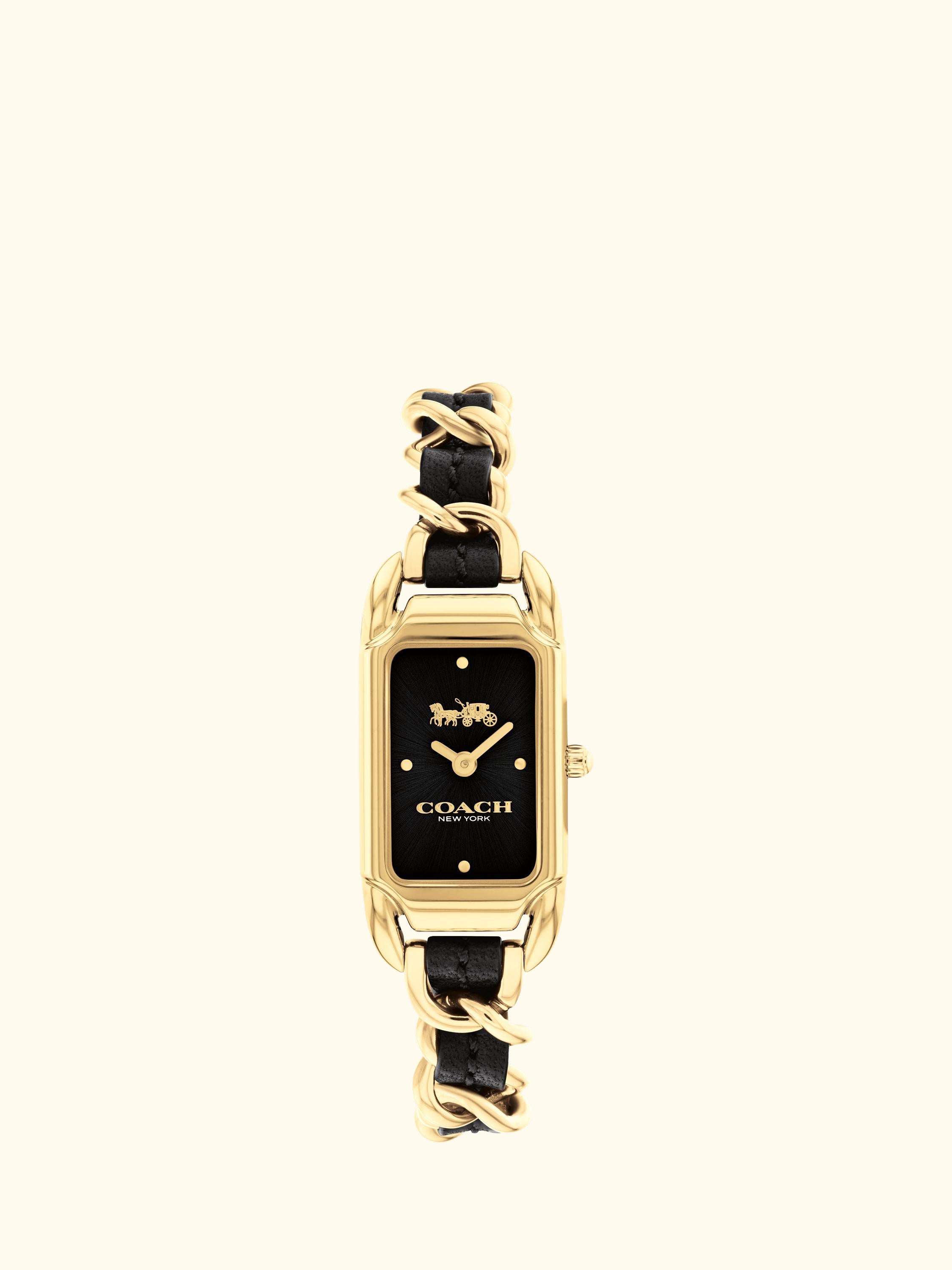 Women's Cadie Rectangular Leather Chain Link Bracelet Strap Watch, Gold/Black