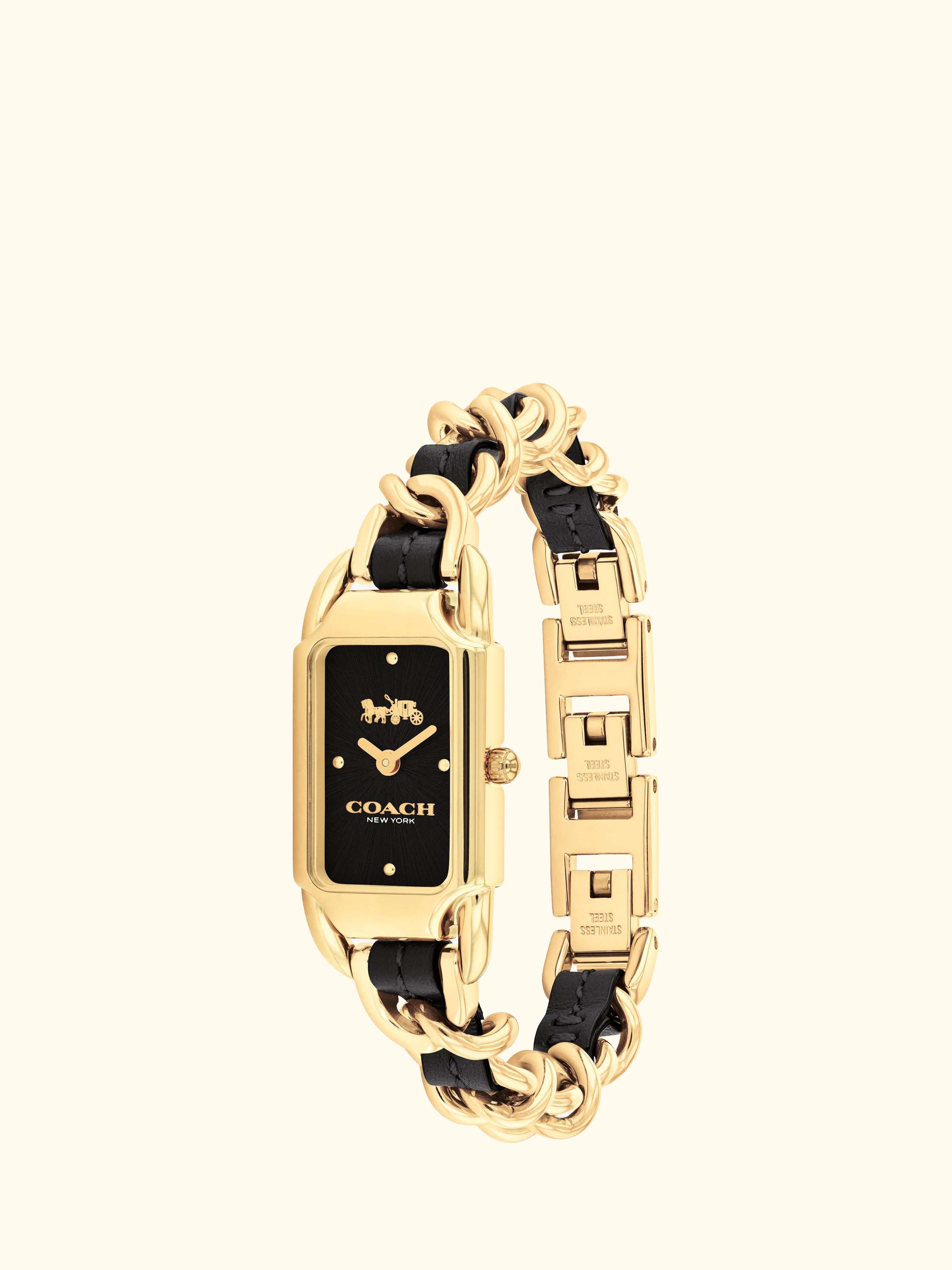 Women's Cadie Rectangular Leather Chain Link Bracelet Strap Watch, Gold/Black