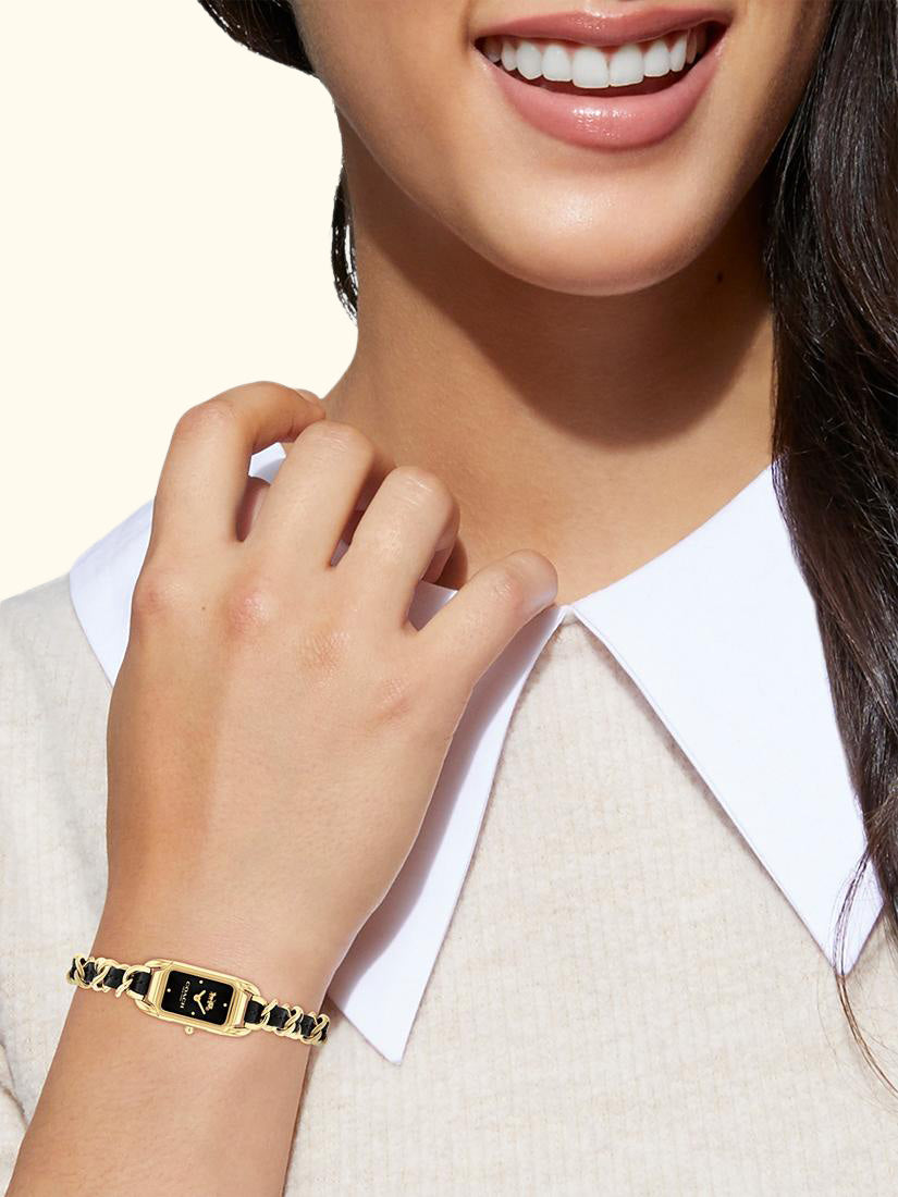 Women's Cadie Rectangular Leather Chain Link Bracelet Strap Watch, Gold/Black