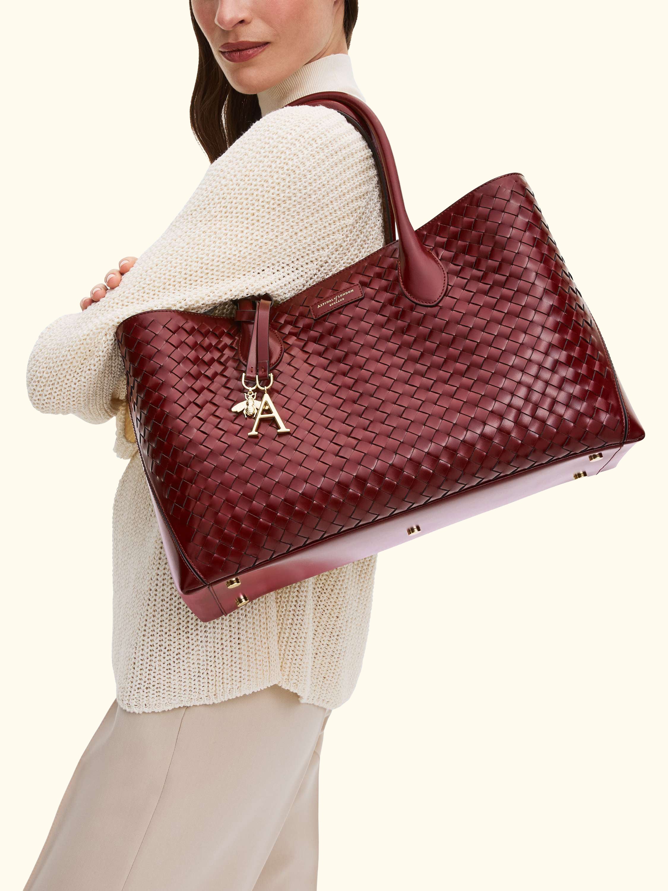 Woven Leather Tote Bag, Burgundy