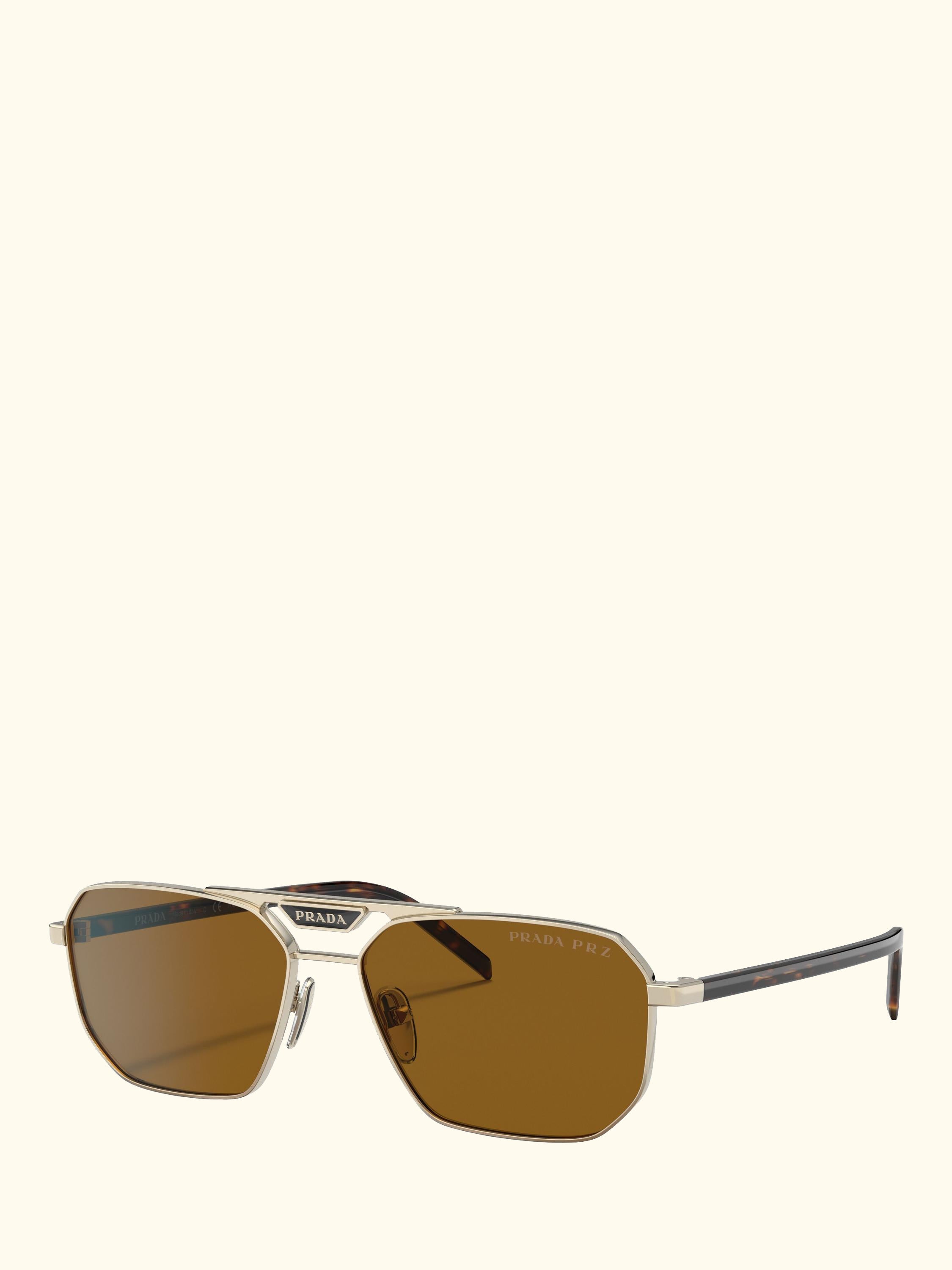 PR 58YS Men's Polarised Rectangular Sunglasses, Pale Gold/Brown